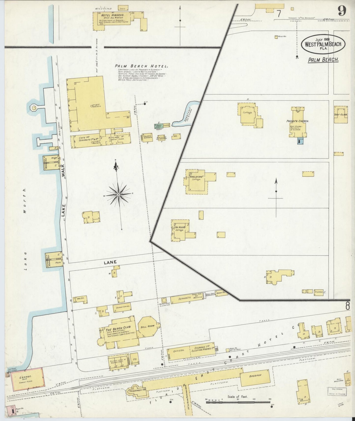 Sanborn Fire Insurance Map from West Palm Beach, Dade County, Florida (1908), Sheet #0009 - Complete Map Set gallery image, historic Sanborn map, vintage wall art, Florida Florida