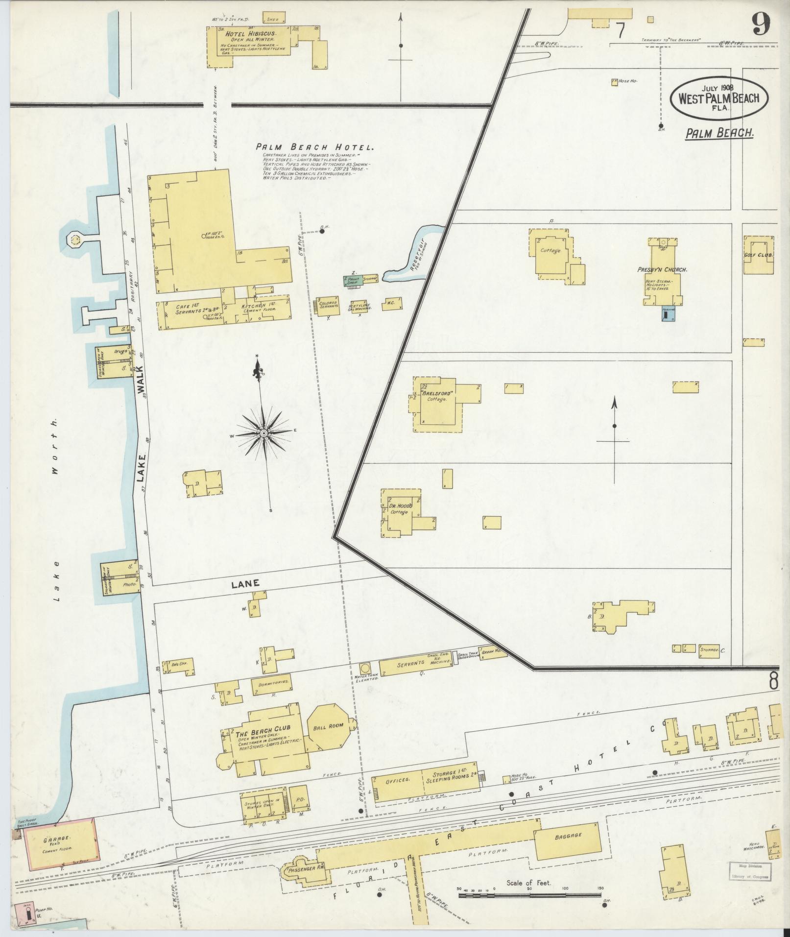 Sanborn Fire Insurance Map from West Palm Beach, Dade County, Florida (1908), Sheet #0009 - Complete Map Set gallery image, historic Sanborn map, vintage wall art, Florida Florida