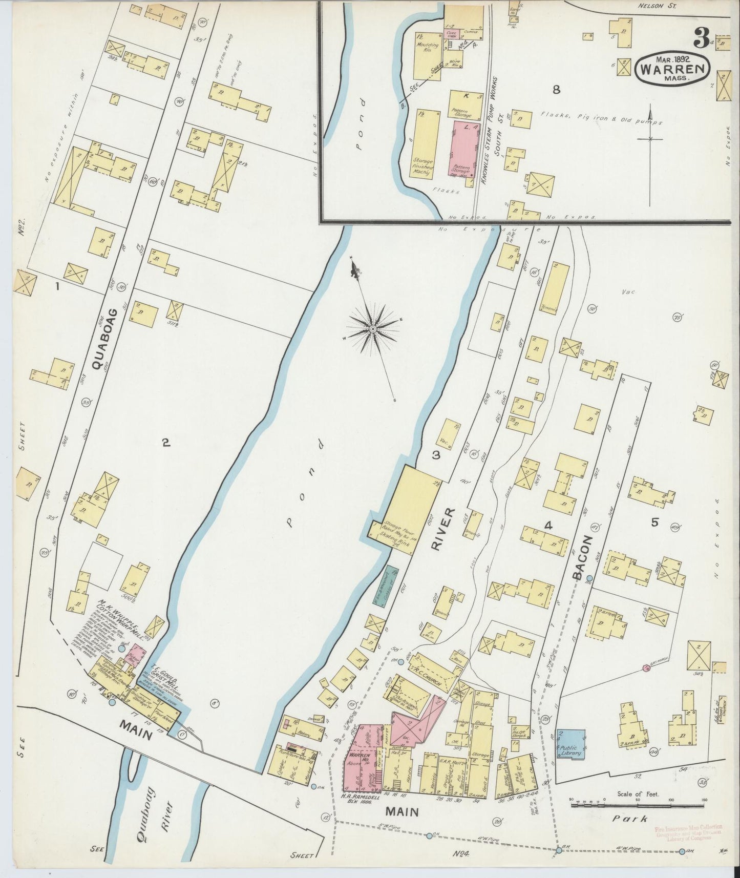 Sanborn Fire Insurance Map from Warren, Worcester County, Massachusetts (1892), Sheet #0003 - Historic Sanborn Fire Insurance Map Print, vintage old map wall art, antique decor, genealogy gift, Massachusetts Massachusetts map