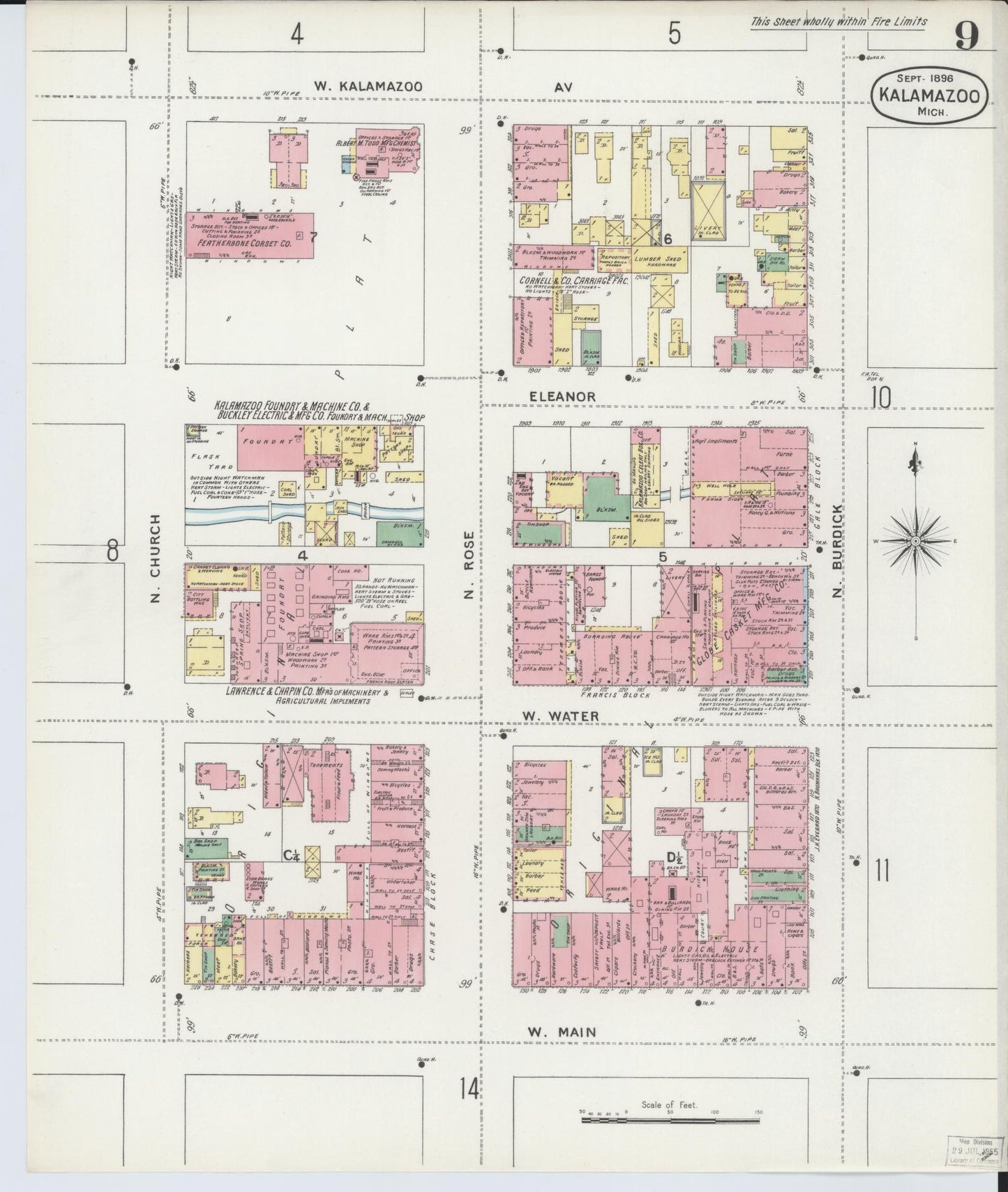 Sanborn Fire Insurance Map from Kalamazoo, Kalamazoo County, Michigan (1896), Sheet #0009 - Complete Map Set gallery image, historic Sanborn map, vintage wall art, Michigan Michigan