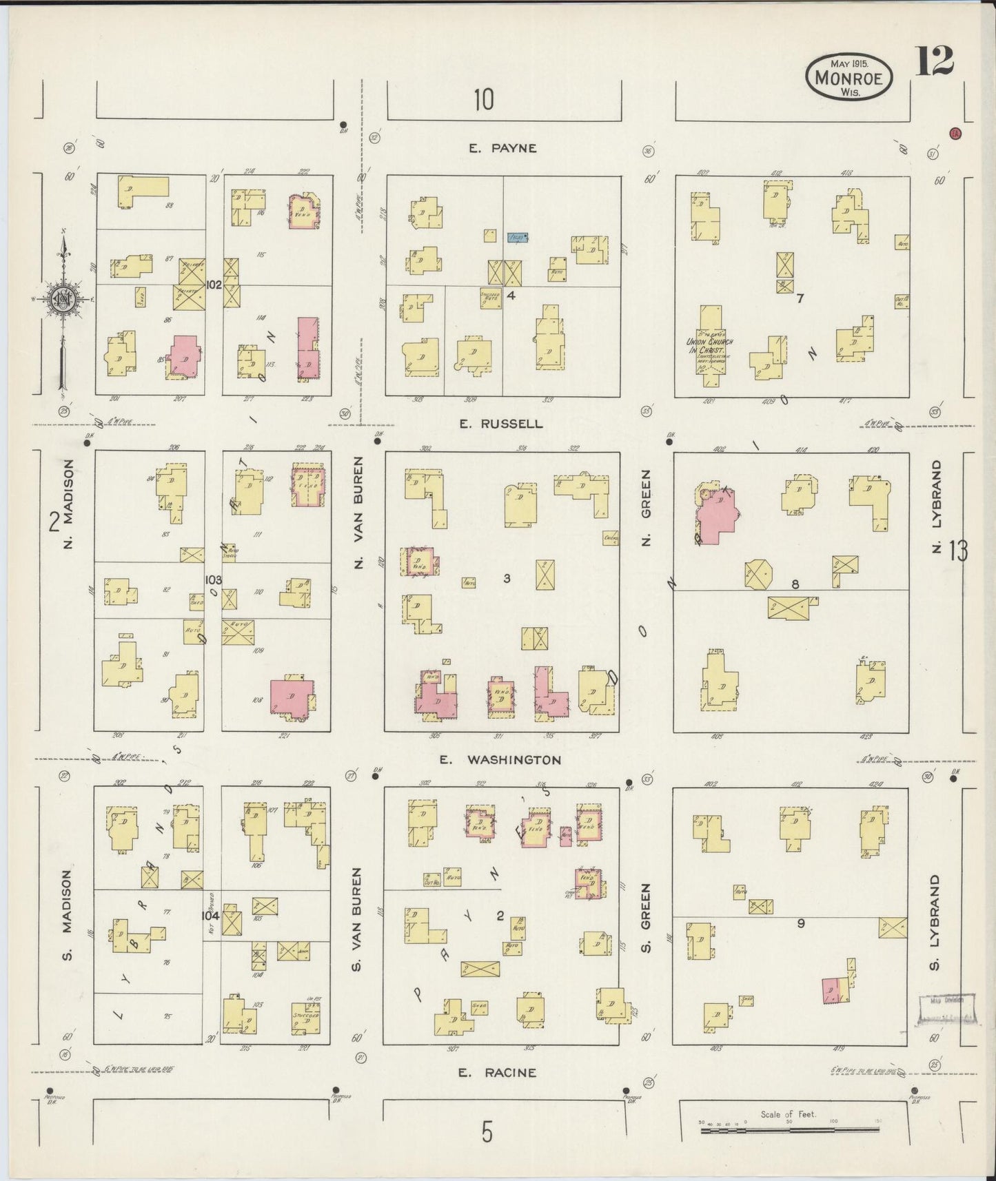 Sanborn Fire Insurance Map from Monroe, Green County, Wisconsin (1915), Sheet #0012 - Historic Sanborn Fire Insurance Map Print, vintage old map wall art, antique decor, genealogy gift, Wisconsin Wisconsin map