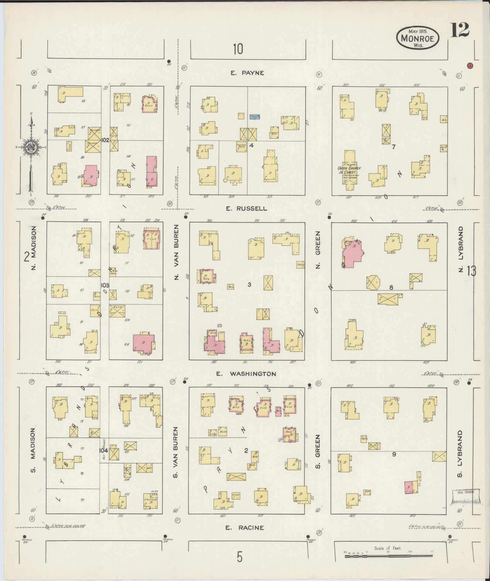 Sanborn Fire Insurance Map from Monroe, Green County, Wisconsin (1915), Sheet #0012 - Historic Sanborn Fire Insurance Map Print, vintage old map wall art, antique decor, genealogy gift, Wisconsin Wisconsin map