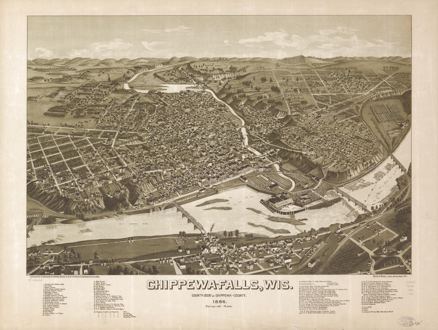 Chippewa-Falls, Wis., county-seat of Chippewa-County 1886. (1886) – Historic Bird’s-Eye View Panorama Print