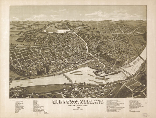 Chippewa-Falls, Wis., county-seat of Chippewa-County 1886. (1886) – Historic Bird’s-Eye View Panorama Print