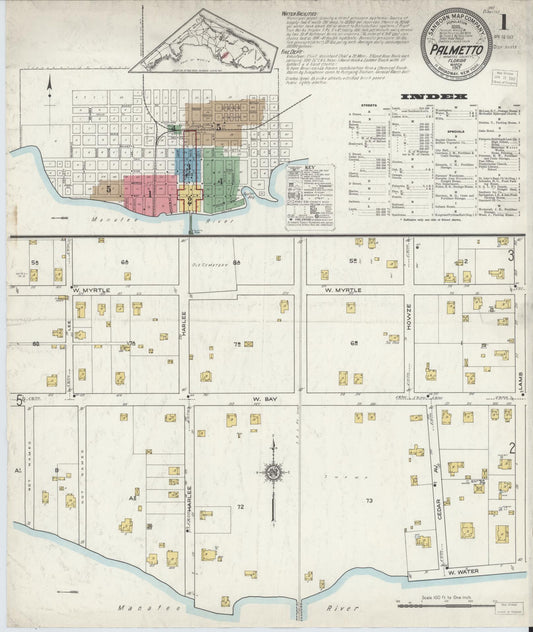 Sanborn Fire Insurance Map from Palmetto, Manatee County, Florida (1917), Sheet #0001 - Complete Map Set gallery image, historic Sanborn map, vintage wall art, Florida Florida