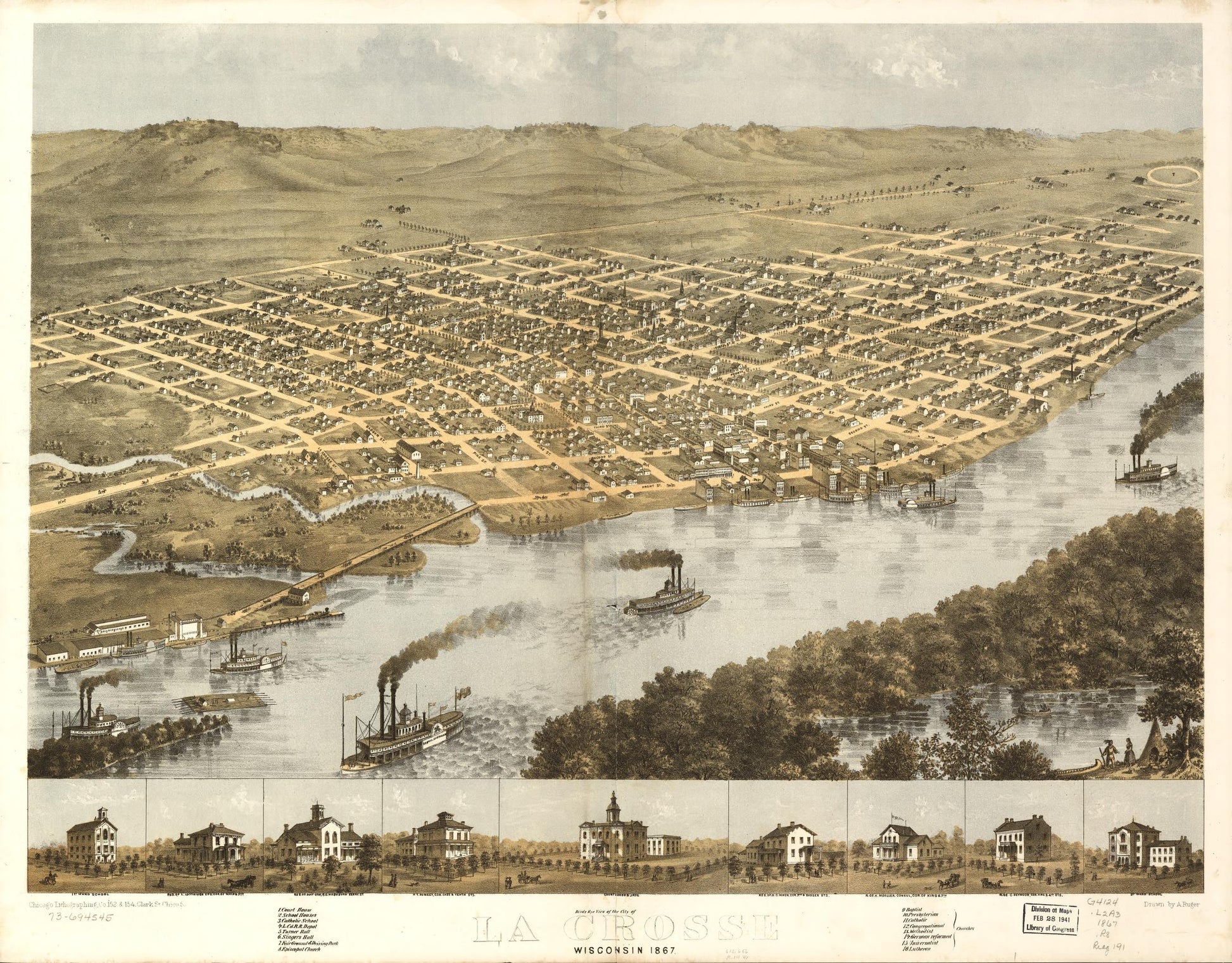 Birds eye view of the city of La Crosse, Wisconsin 1867. (1867) – Historic Bird’s-Eye View Panorama Print