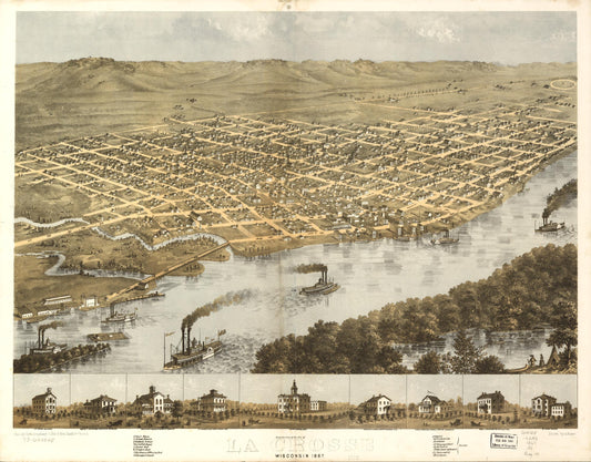 Birds eye view of the city of La Crosse, Wisconsin 1867. (1867) – Historic Bird’s-Eye View Panorama Print