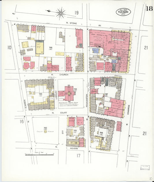 Sanborn Fire Insurance Map from Tucson, Pima County, Arizona (1909), Sheet #0018 - Historic Sanborn Fire Insurance Map Print, vintage old map wall art, antique decor, genealogy gift, Arizona Arizona map