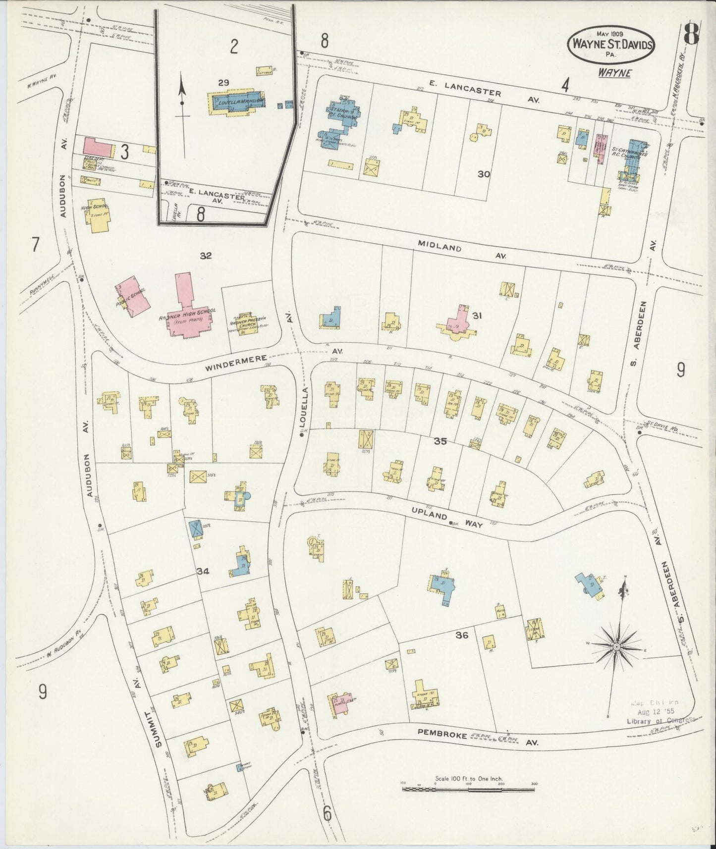 Sanborn Fire Insurance Map from Wayne, Delaware County, Pennsylvania (1909), Sheet #0008 - Historic Sanborn Fire Insurance Map Print, vintage old map wall art, antique decor, genealogy gift, Wayne Delaware map
