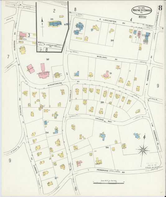 Sanborn Fire Insurance Map from Wayne, Delaware County, Pennsylvania (1909), Sheet #0008 - Historic Sanborn Fire Insurance Map Print, vintage old map wall art, antique decor, genealogy gift, Wayne Delaware map