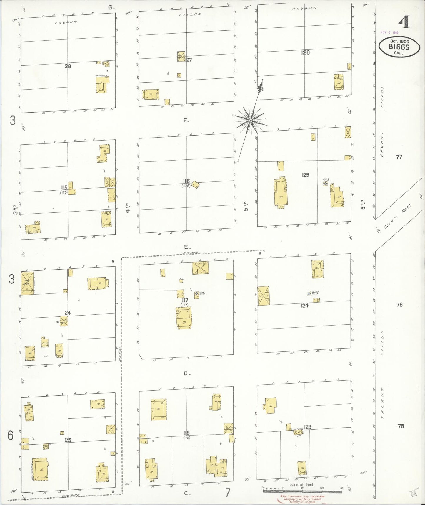 Sanborn Fire Insurance Map from Biggs, Butte County, California (1909), Sheet #0004 - Historic Sanborn Fire Insurance Map Print, vintage old map wall art, antique decor, genealogy gift, California California map