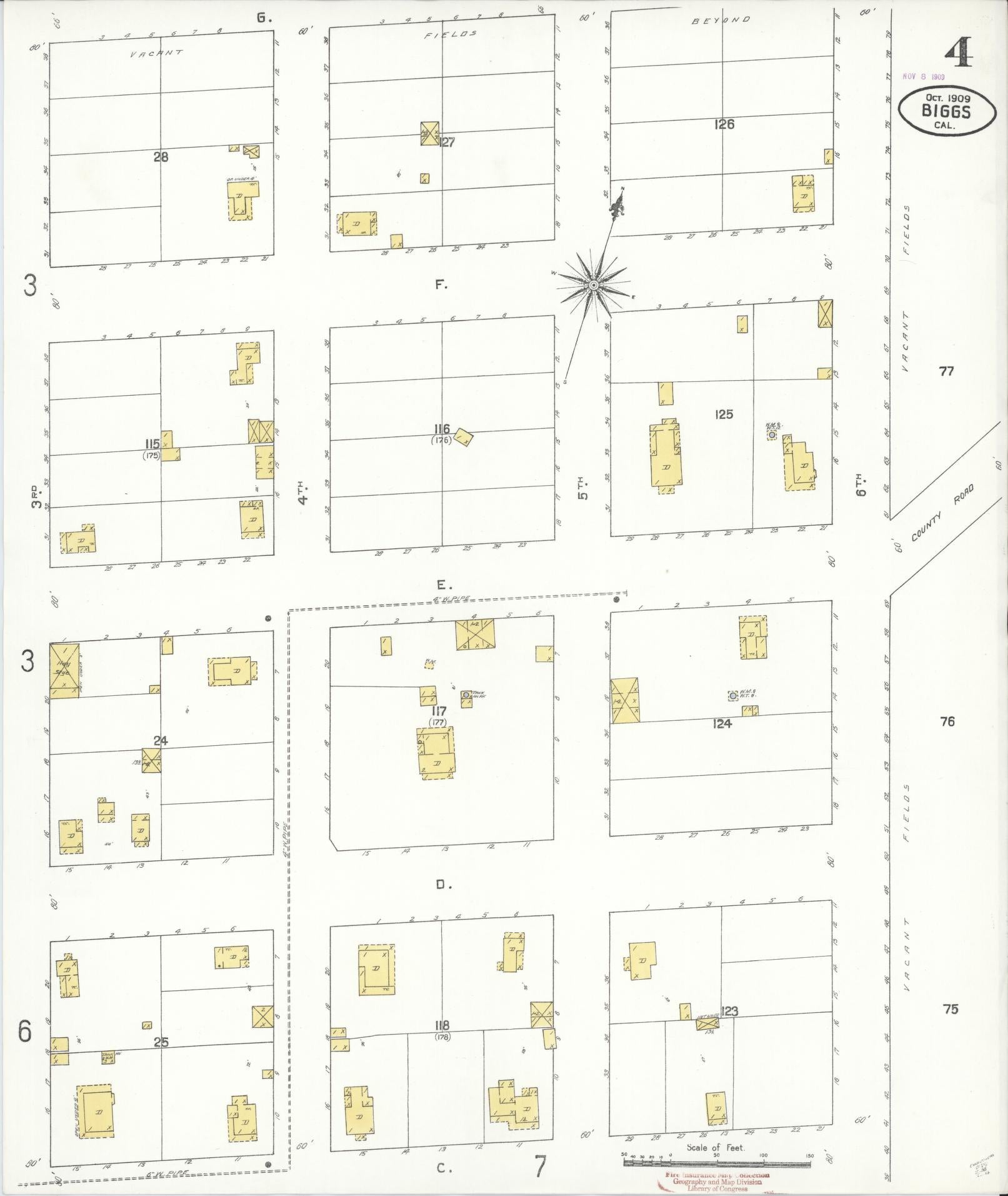 Sanborn Fire Insurance Map from Biggs, Butte County, California (1909), Sheet #0004 - Historic Sanborn Fire Insurance Map Print, vintage old map wall art, antique decor, genealogy gift, California California map