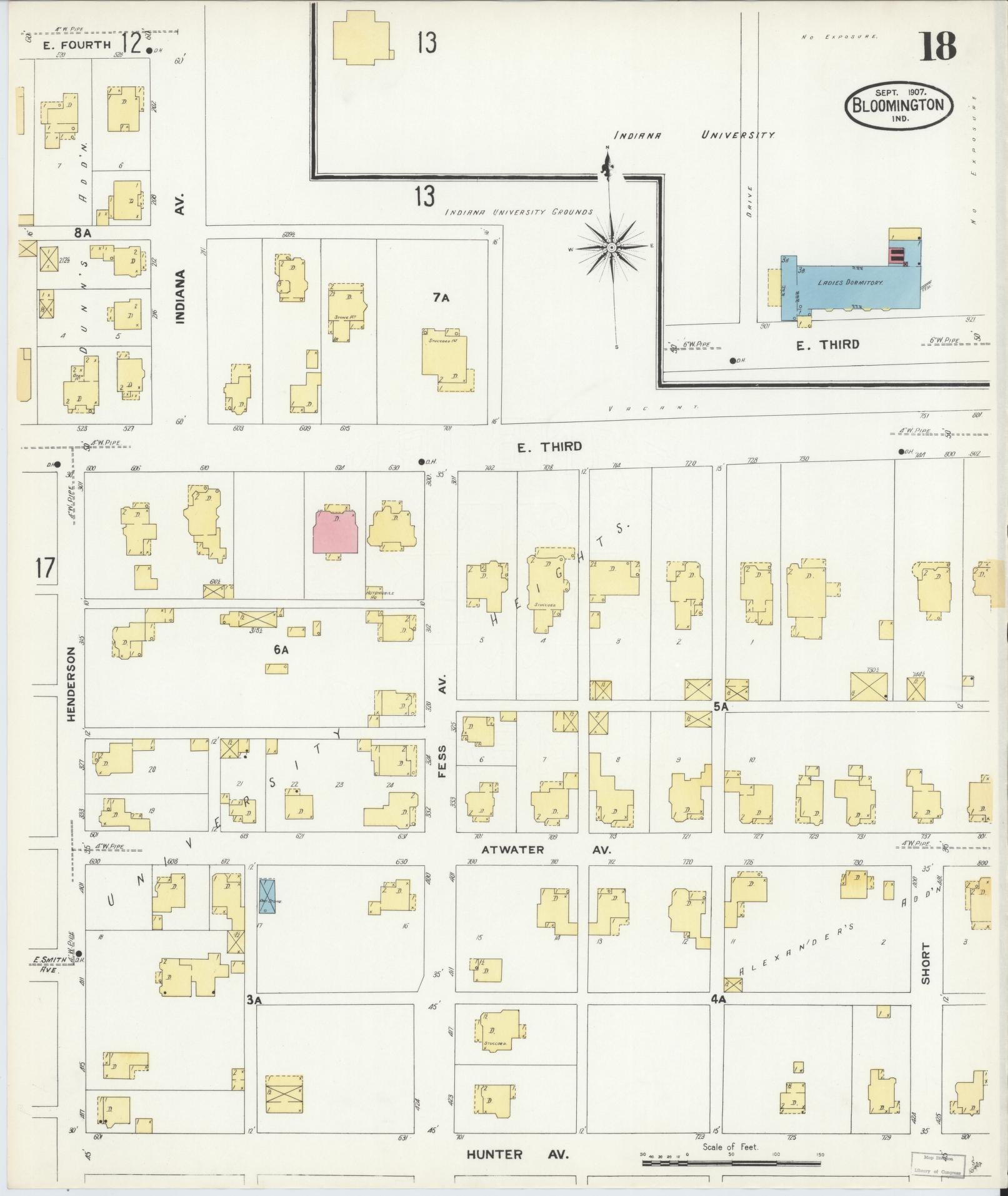 Sanborn Fire Insurance Map from Bloomington, Monroe County, Indiana (1907), Sheet #0018 - Complete Map Set gallery image, historic Sanborn map, vintage wall art, Indiana Indiana