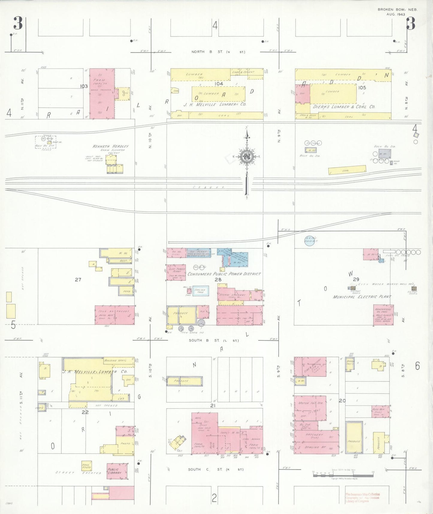 Sanborn Fire Insurance Map from Broken Bow, Custer County, Nebraska (1943), Sheet #0003 - Complete Map Set gallery image, historic Sanborn map, vintage wall art, Nebraska Nebraska