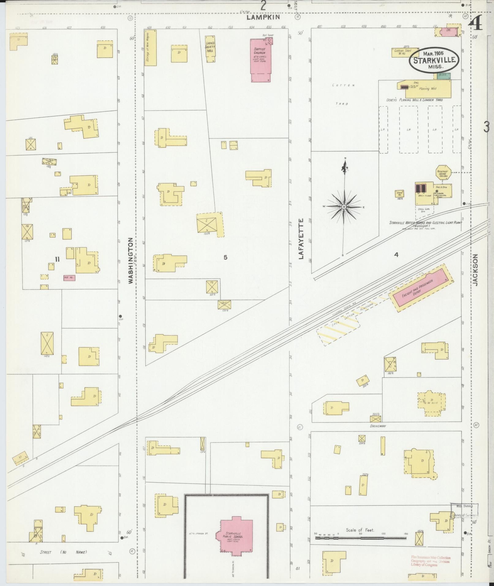 Sanborn Fire Insurance Map from Starkville, Oktibbeha County, Mississippi (1905), Sheet #0004 - Complete Map Set gallery image, historic Sanborn map, vintage wall art, Mississippi Mississippi