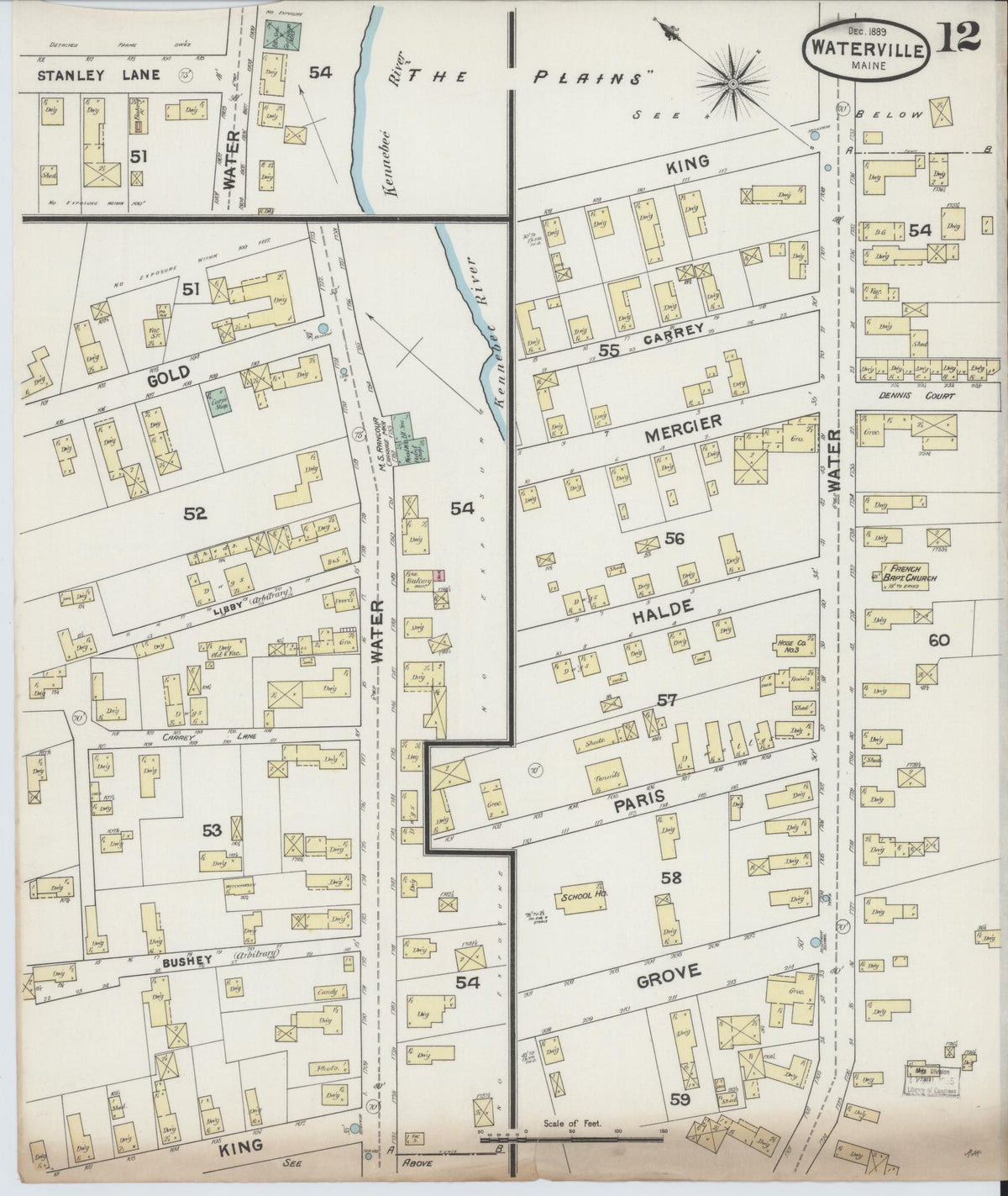 Sanborn Fire Insurance Map from Waterville, Kennebec County, Maine (1889), Sheet #0012 - Historic Sanborn Fire Insurance Map Print, vintage old map wall art, antique decor, genealogy gift, Maine Maine map