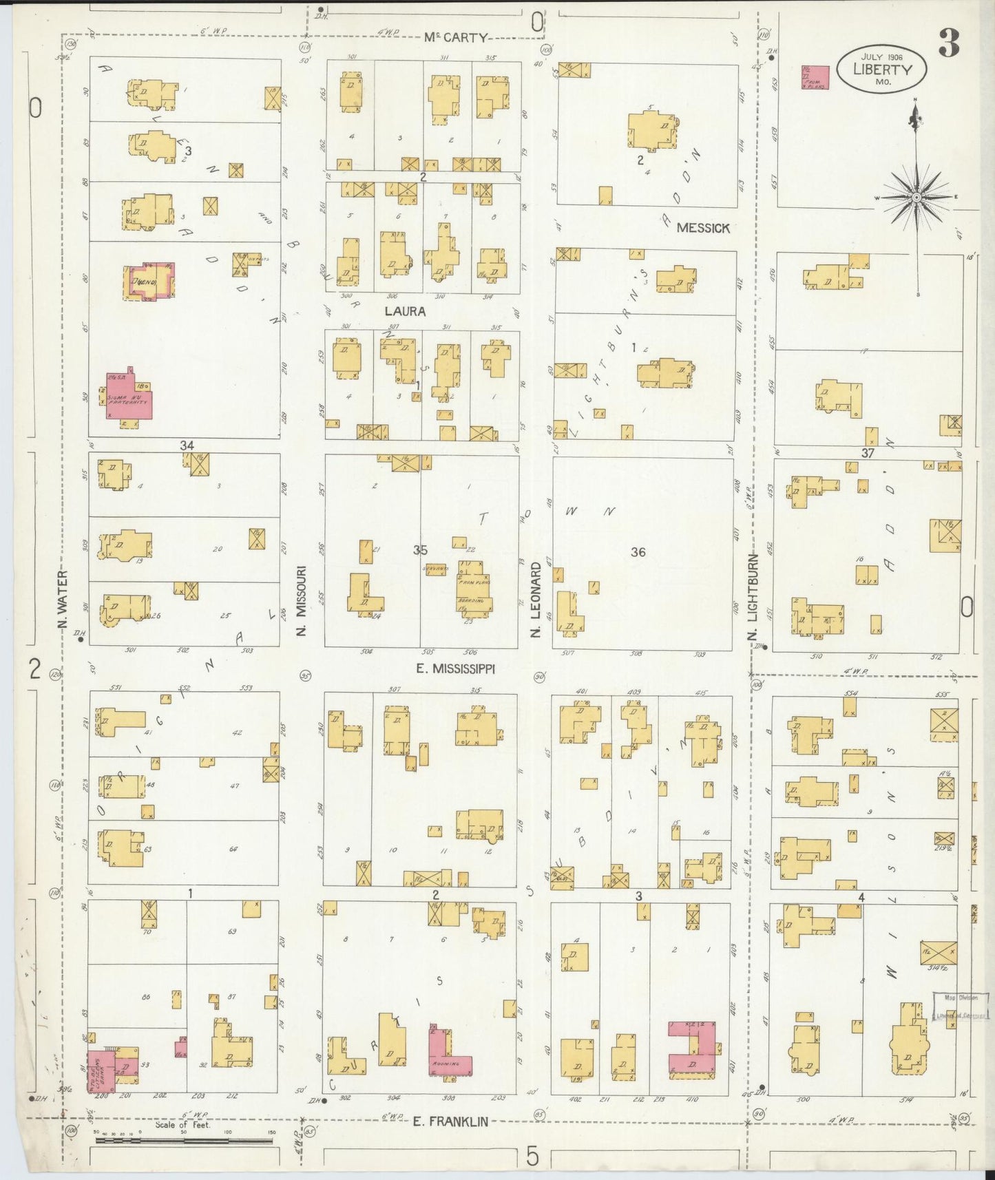 Sanborn Fire Insurance Map from Liberty, Clay County, Missouri (1906), Sheet #0003 - Complete Map Set gallery image, historic Sanborn map, vintage wall art, Missouri Missouri
