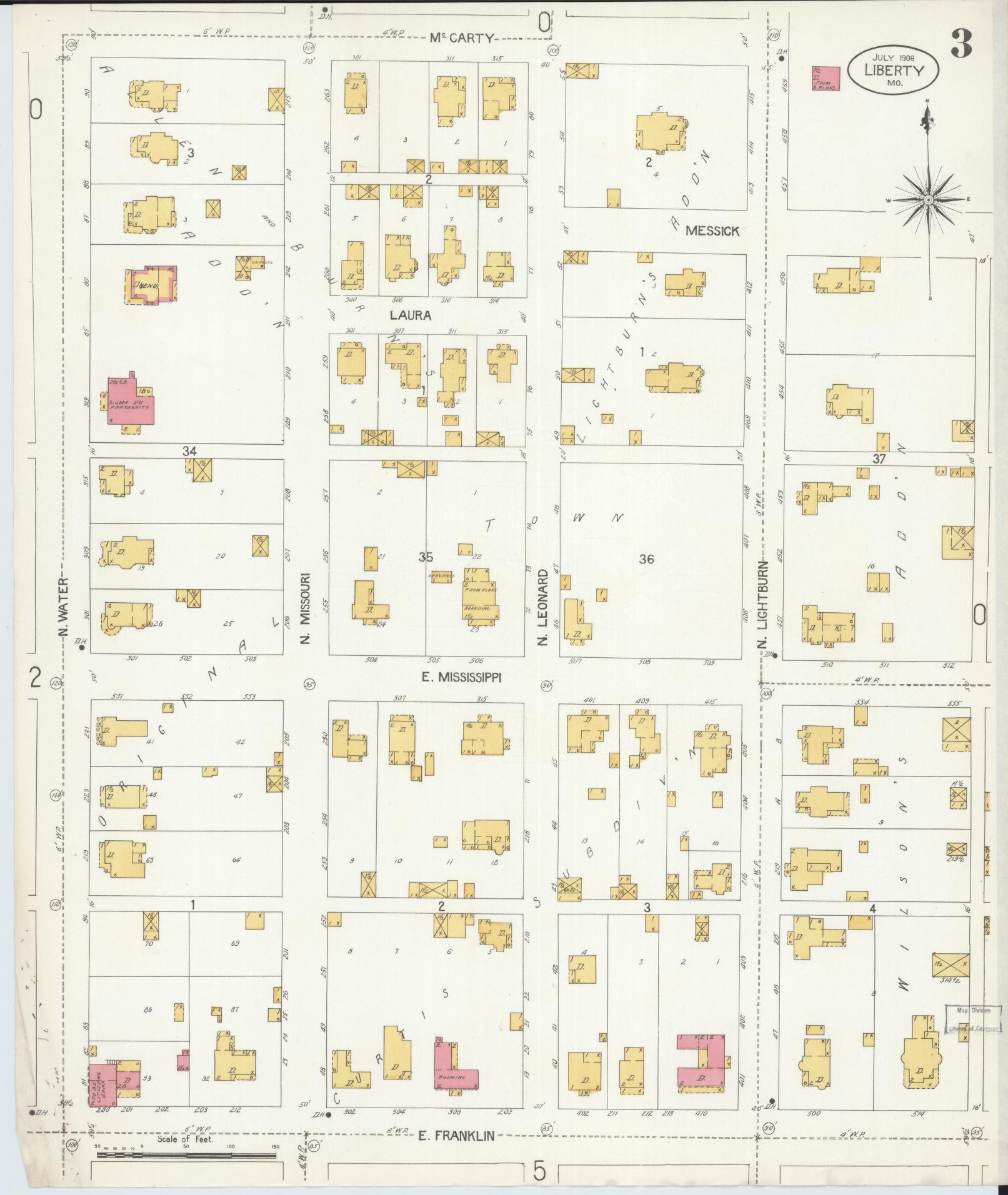 Sanborn Fire Insurance Map from Liberty, Clay County, Missouri (1906), Sheet #0003 - Complete Map Set gallery image, historic Sanborn map, vintage wall art, Missouri Missouri