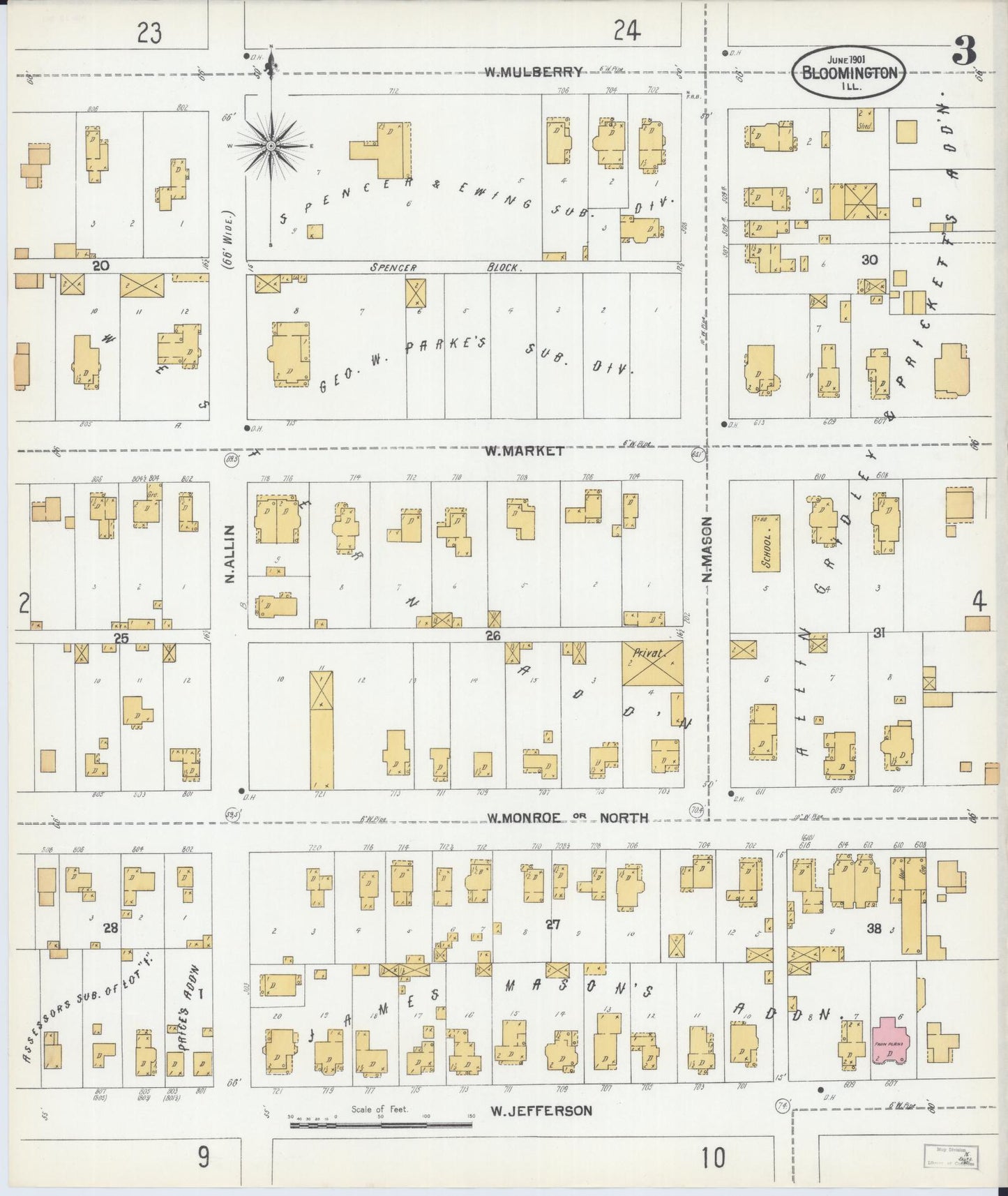 Sanborn Fire Insurance Map from Bloomington, McLean County, Illinois (1901), Sheet #0003 - Complete Map Set gallery image, historic Sanborn map, vintage wall art, Illinois Illinois