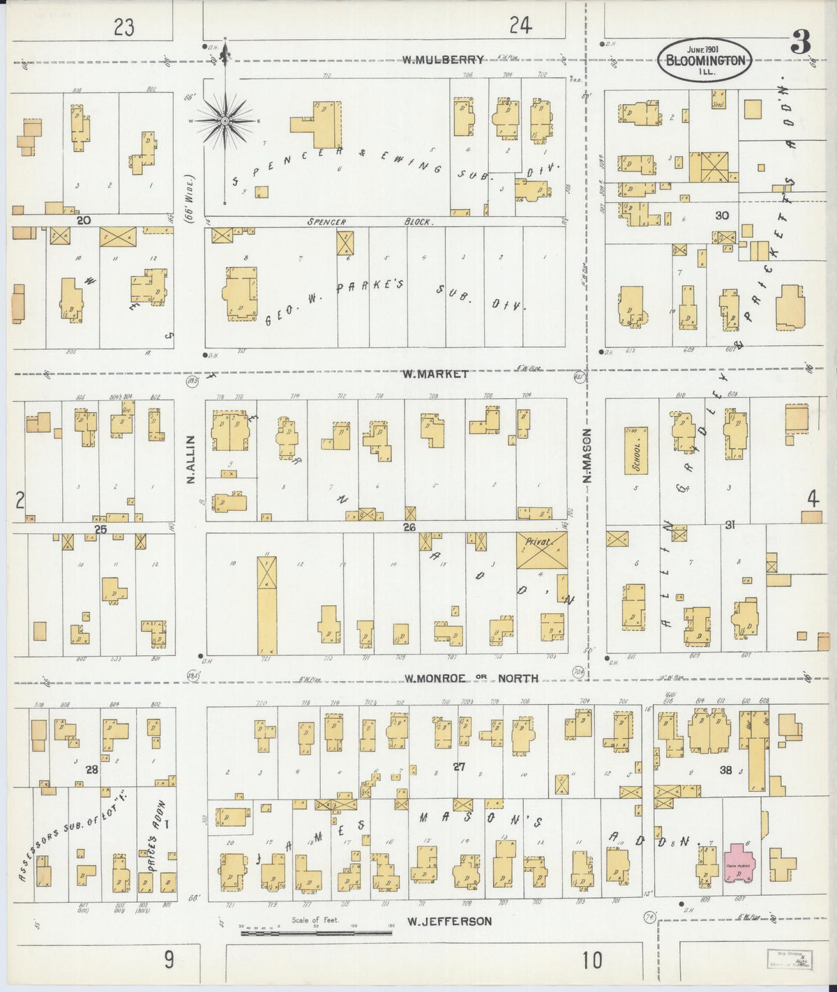 Sanborn Fire Insurance Map from Bloomington, McLean County, Illinois (1901), Sheet #0003 - Complete Map Set gallery image, historic Sanborn map, vintage wall art, Illinois Illinois