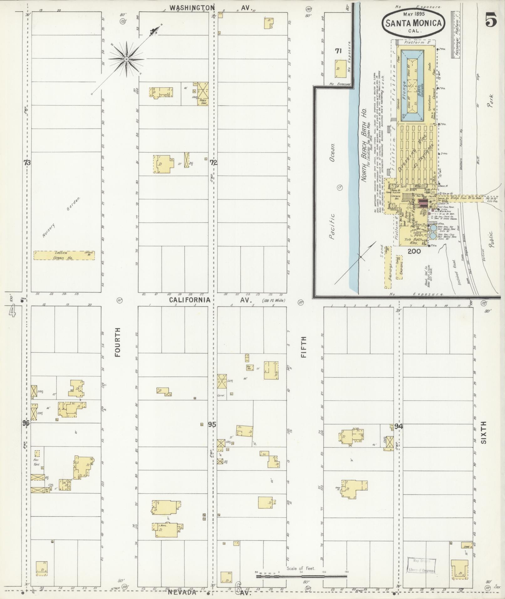 Sanborn Fire Insurance Map from Santa Monica, Los Angeles County, California (1895), Sheet #0005 - Complete Map Set gallery image, historic Sanborn map, vintage wall art, California California