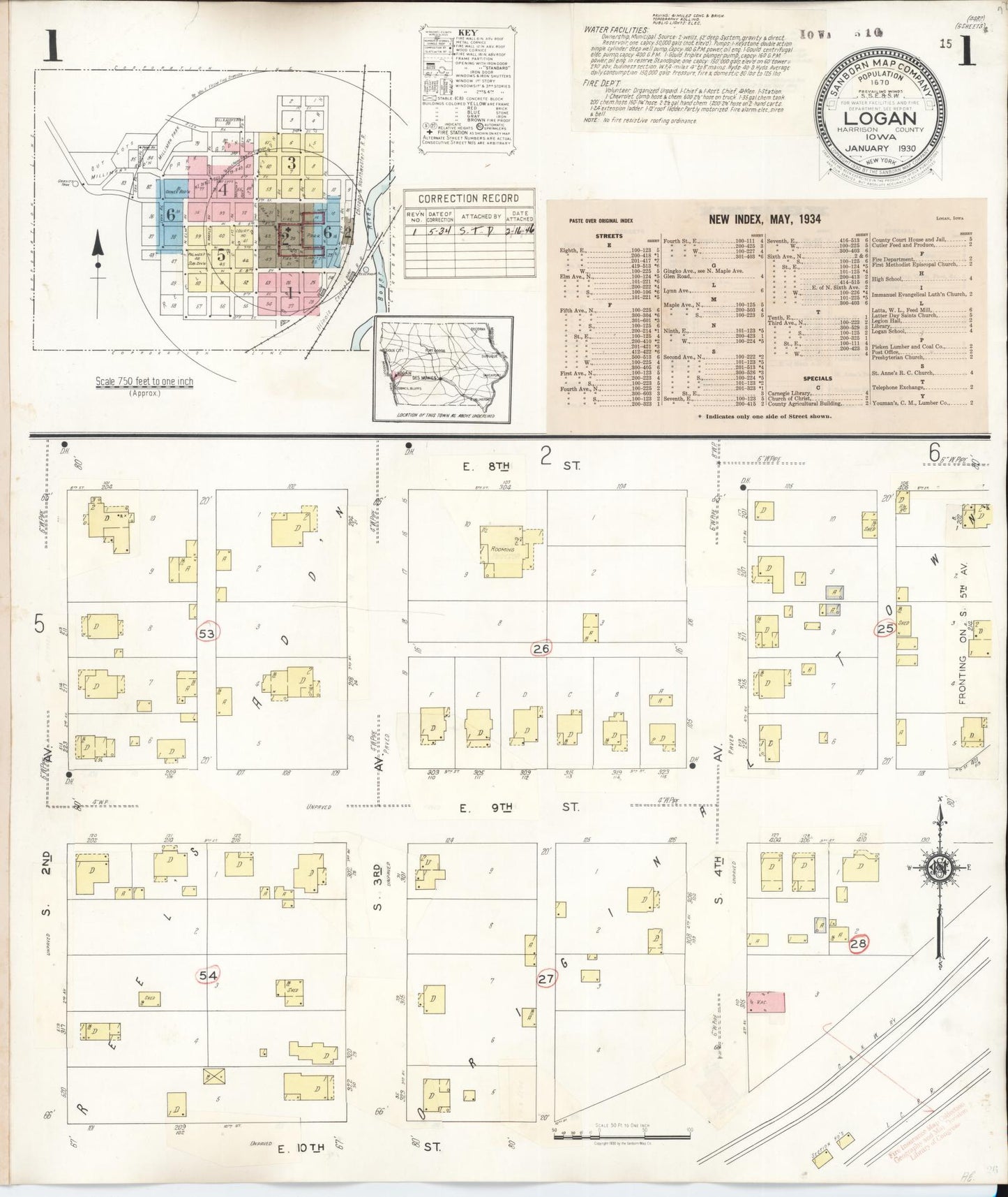Sanborn Fire Insurance Map from Logan, Harrison County, Iowa (1934), Sheet #0001 - Historic Sanborn Fire Insurance Map Print