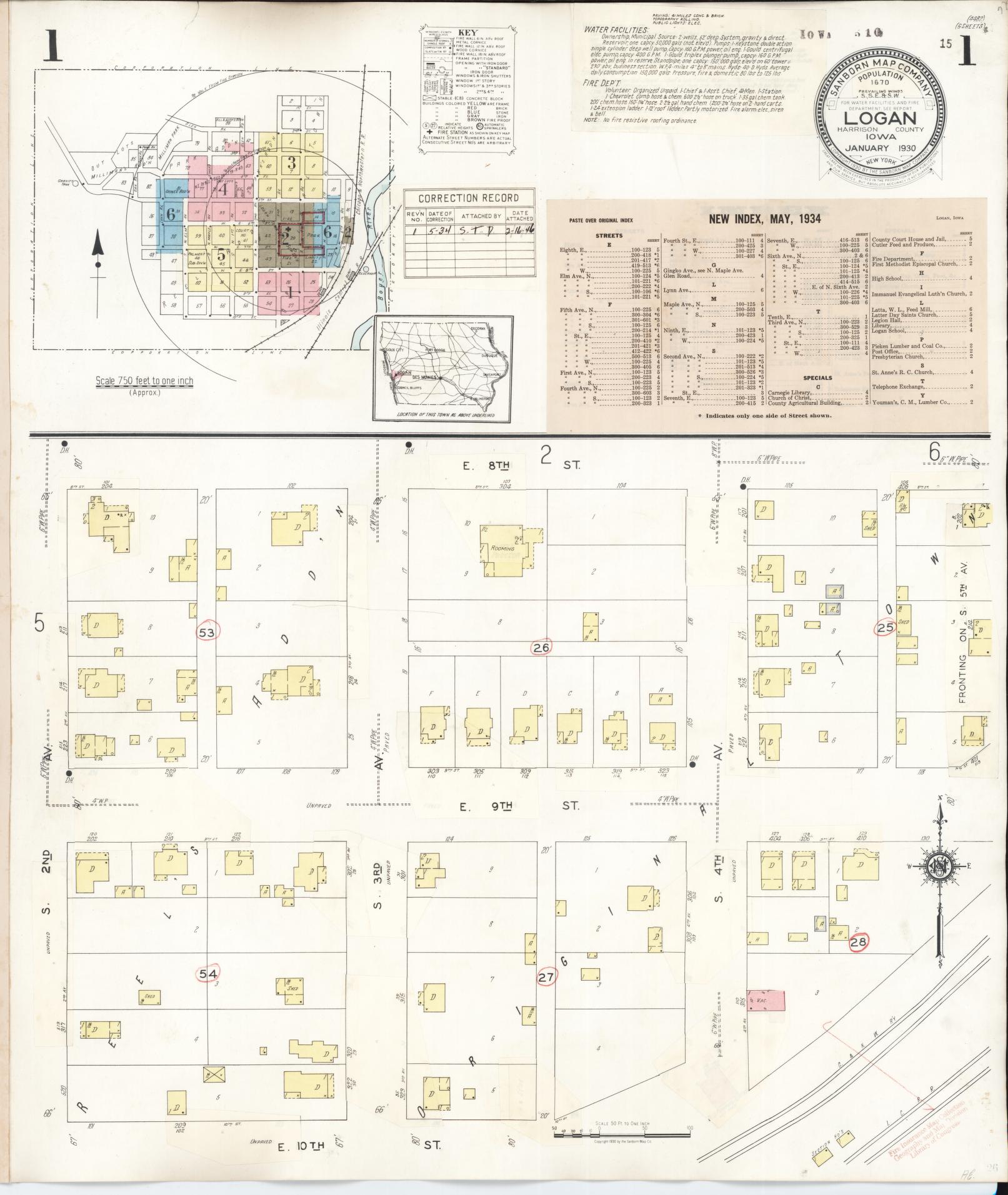 Sanborn Fire Insurance Map from Logan, Harrison County, Iowa (1934), Sheet #0001 - Historic Sanborn Fire Insurance Map Print