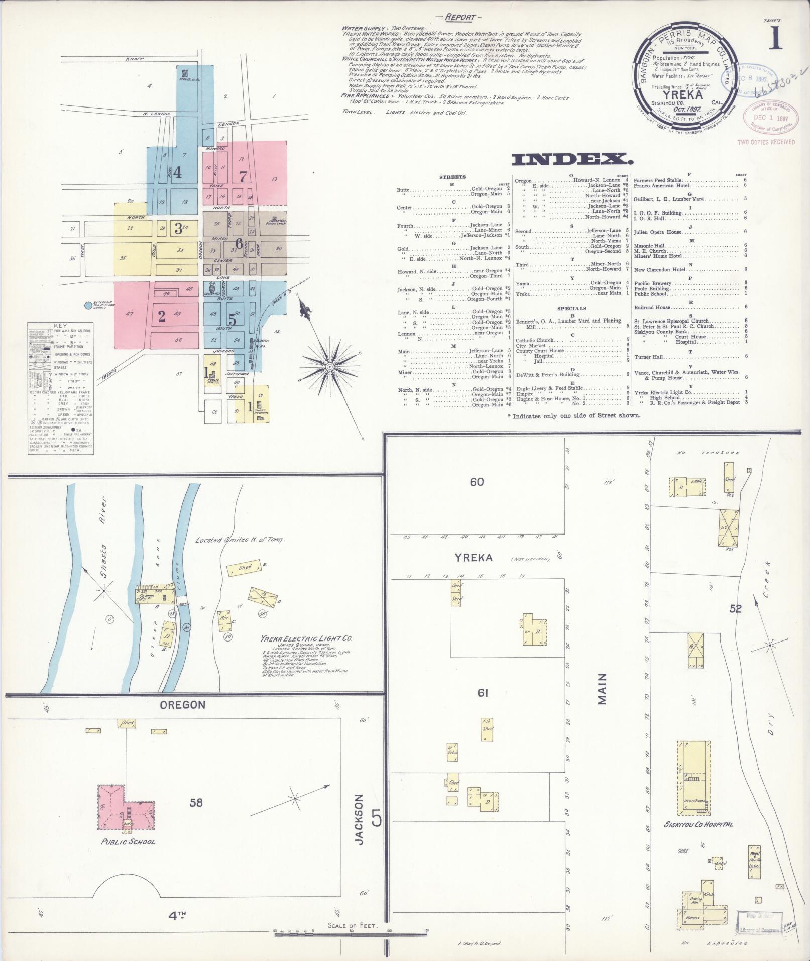 Sanborn Fire Insurance Map from Yreka, Siskiyou County, California (1897), Sheet #0001 - Complete Map Set gallery image, historic Sanborn map, vintage wall art, California California