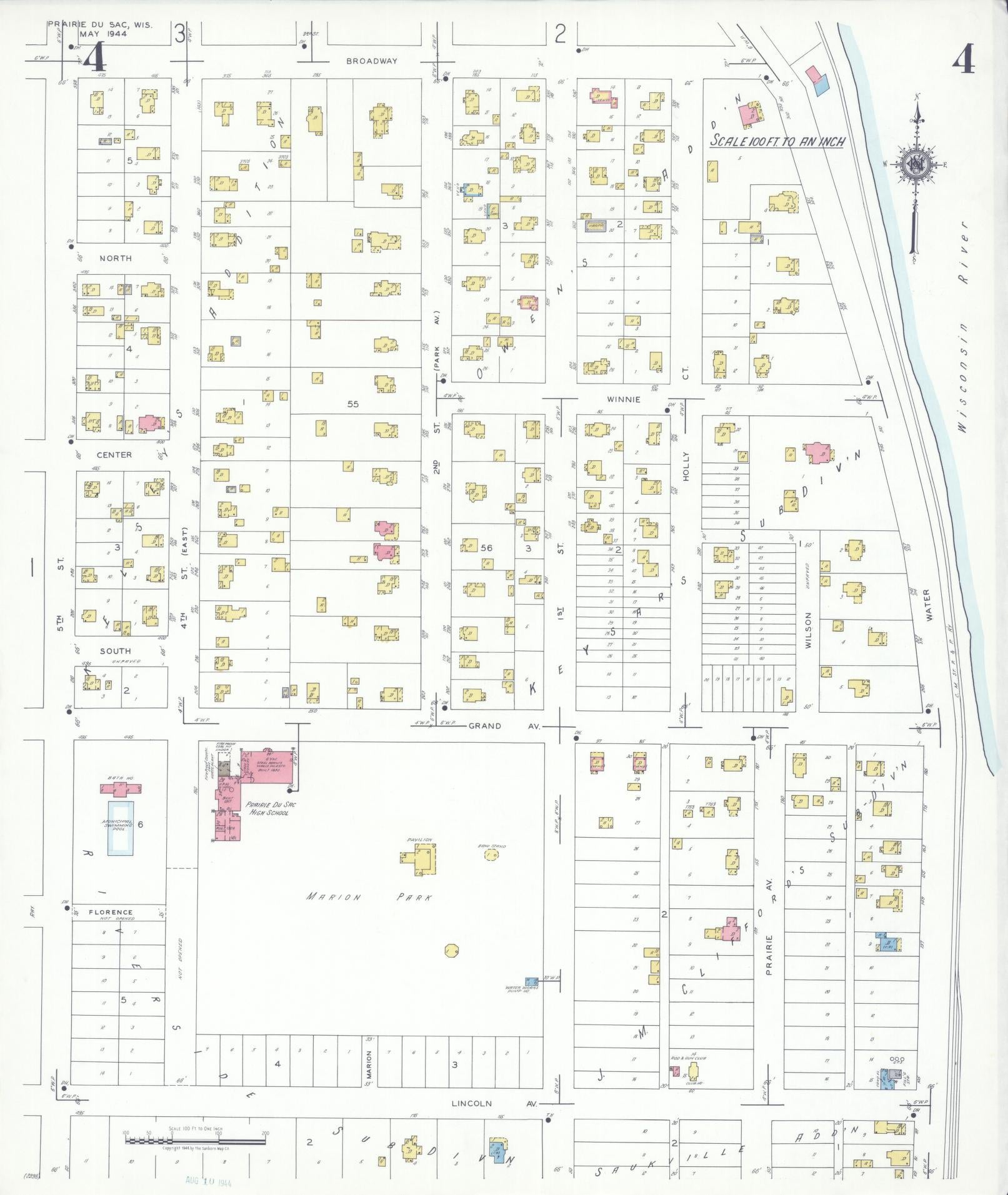 Sanborn Fire Insurance Map from Prairie du Sac, Sauk County, Wisconsin (1944), Sheet #0004 - Historic Sanborn Fire Insurance Map Print, vintage old map wall art, antique decor, genealogy gift, Wisconsin Wisconsin map