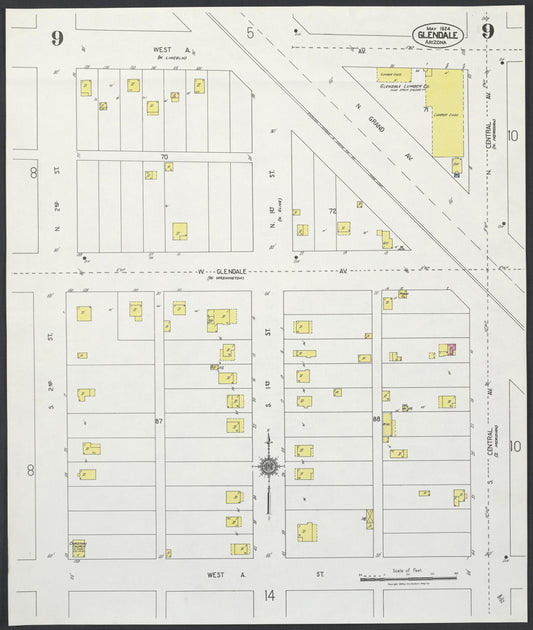 Sanborn Fire Insurance Map from Glendale, Maricopa County, Arizona (1924), Sheet #0009 - Historic Sanborn Fire Insurance Map Print, vintage old map wall art, antique decor, genealogy gift, Arizona Arizona map