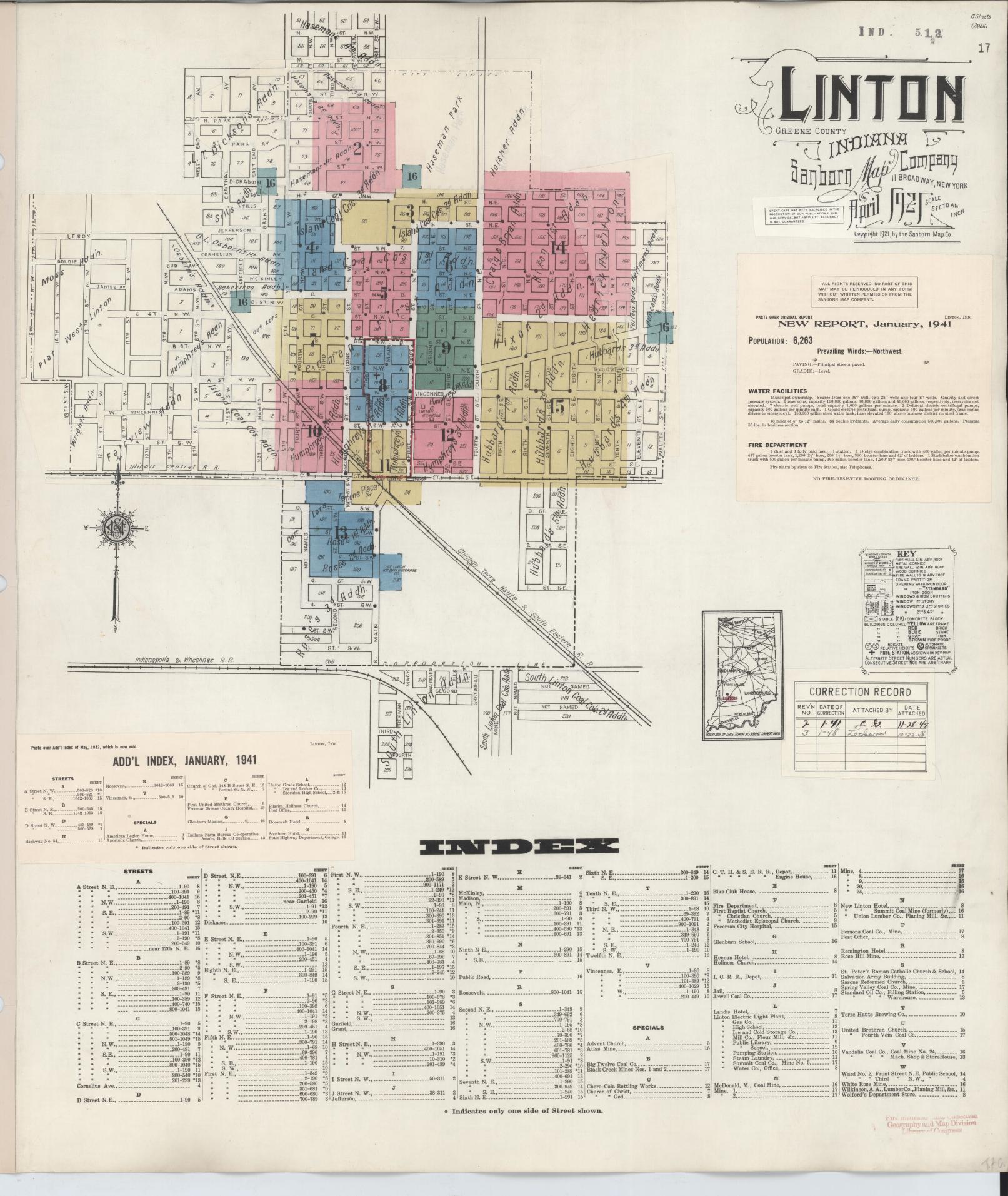 Sanborn Fire Insurance Map from Linton, Greene County, Indiana (1948), Sheet #0001 - Historic Sanborn Fire Insurance Map Print, vintage old map wall art, antique decor, genealogy gift, Indiana Indiana map