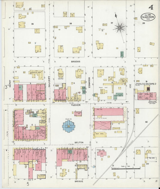 Sanborn Fire Insurance Map from Cameron, Milam County, Texas (1906), Sheet #0004 - Historic Sanborn Fire Insurance Map Print, vintage old map wall art, antique decor, genealogy gift, Texas Texas map