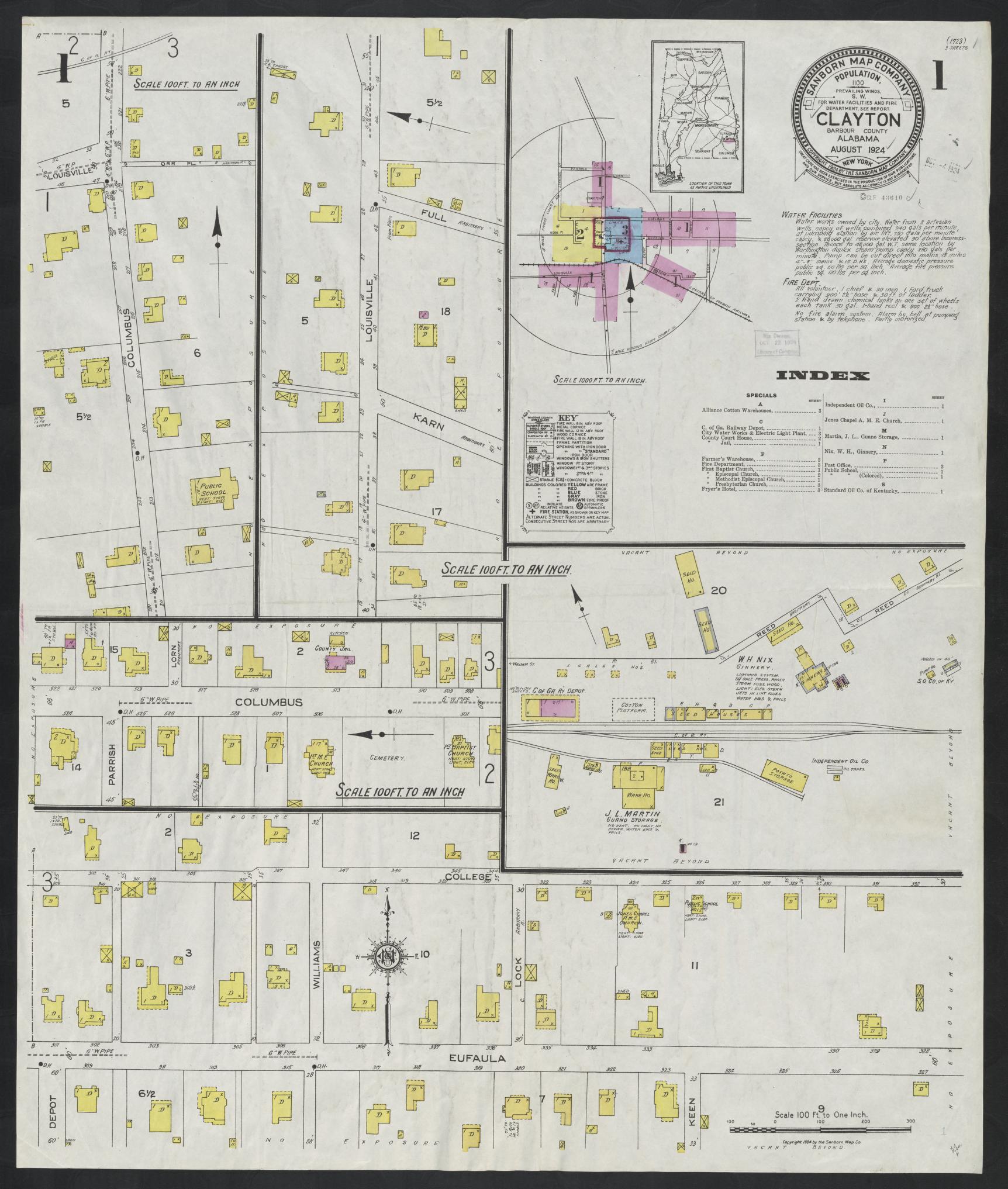 Sanborn Fire Insurance Map from Clayton, Barbour County, Alabama (1924), Sheet #0001 - Complete Map Set gallery image, historic Sanborn map, vintage wall art, Alabama Alabama