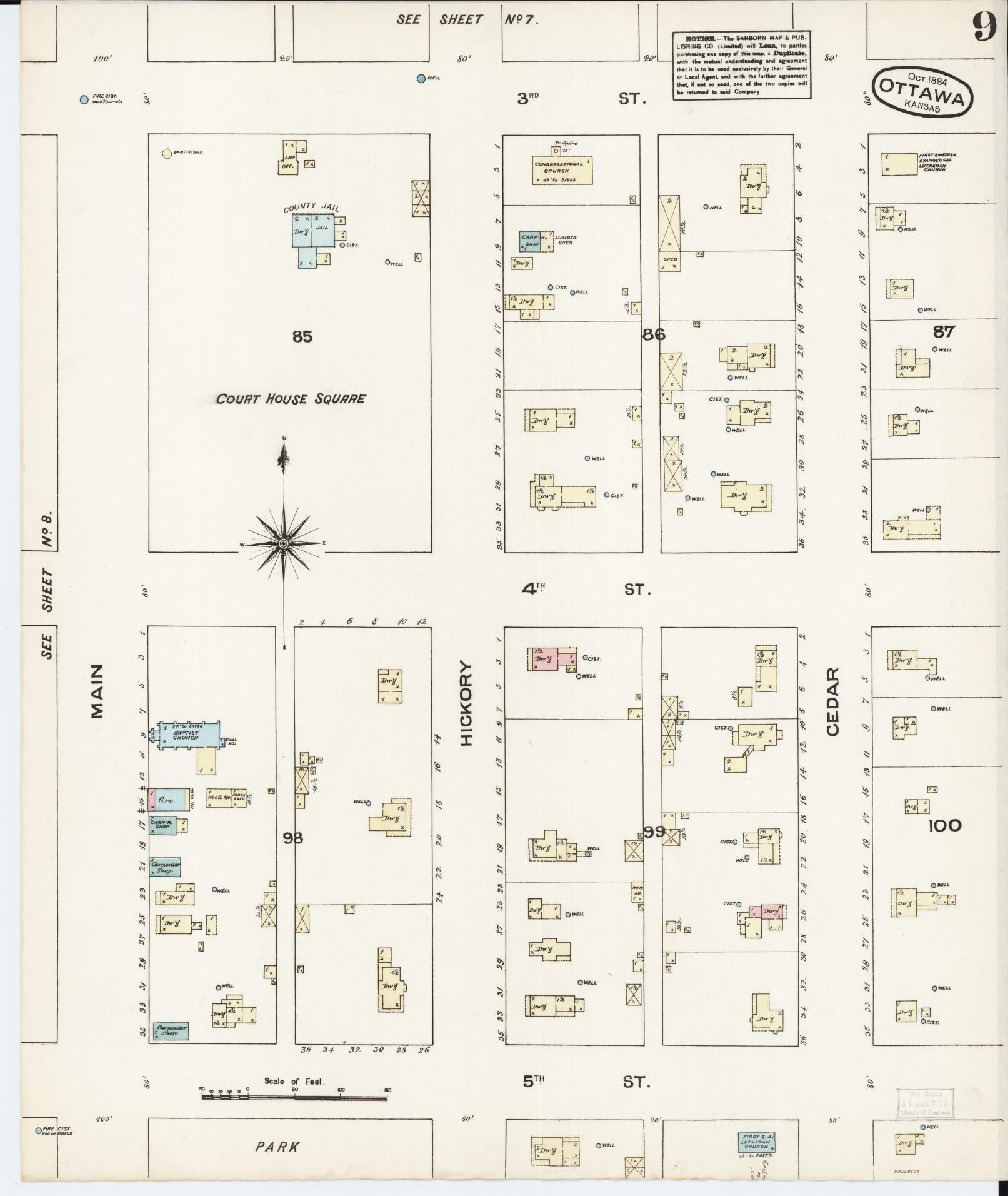 Sanborn Fire Insurance Map from Ottawa, Franklin County, Kansas (1884), Sheet #0009 - Complete Map Set gallery image, historic Sanborn map, vintage wall art, Kansas Kansas