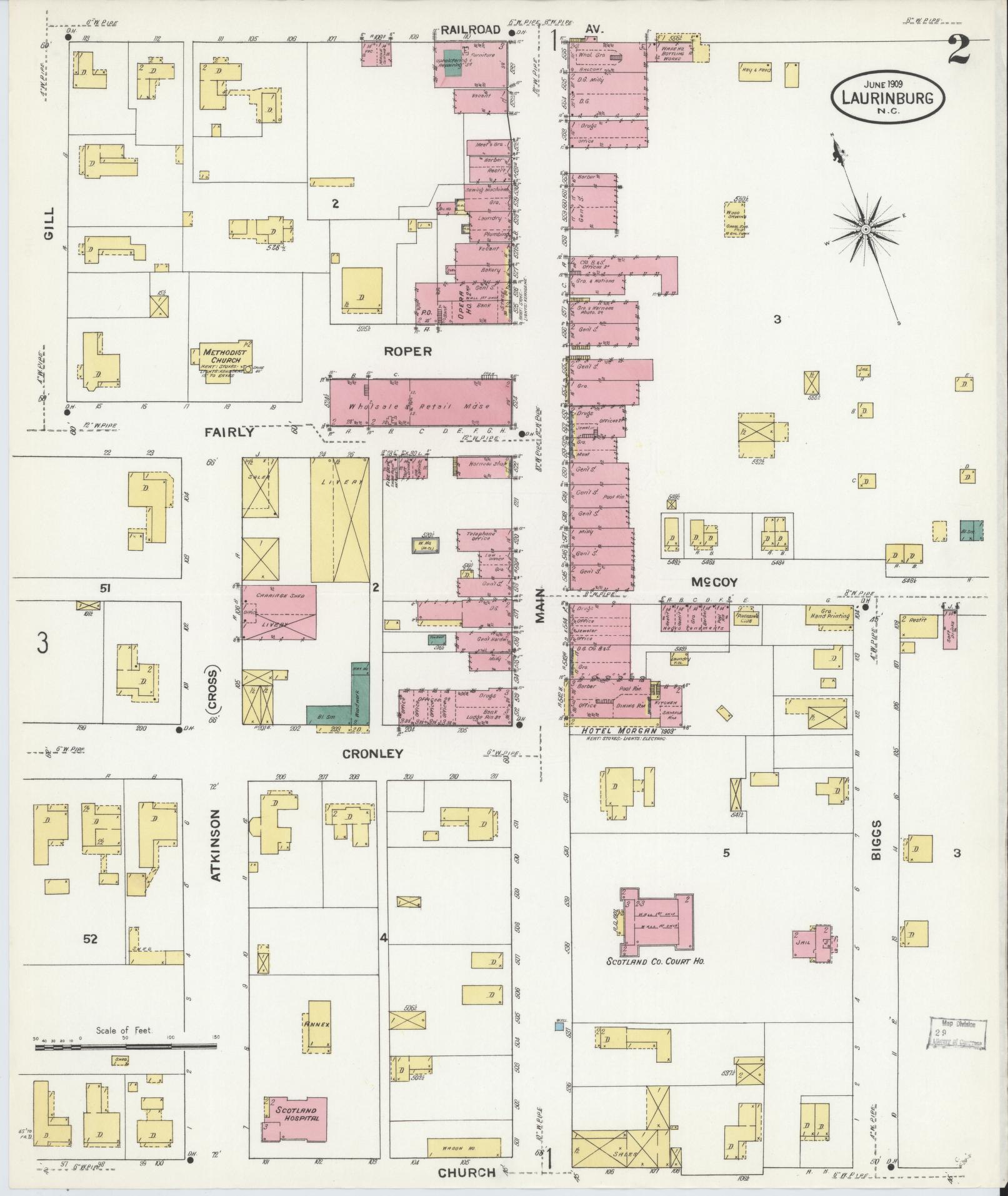 Sanborn Fire Insurance Map from Laurinburg, Scotland County, North Carolina (1909), Sheet #0002 - Complete Map Set gallery image, historic Sanborn map, vintage wall art, North Carolina North Carolina
