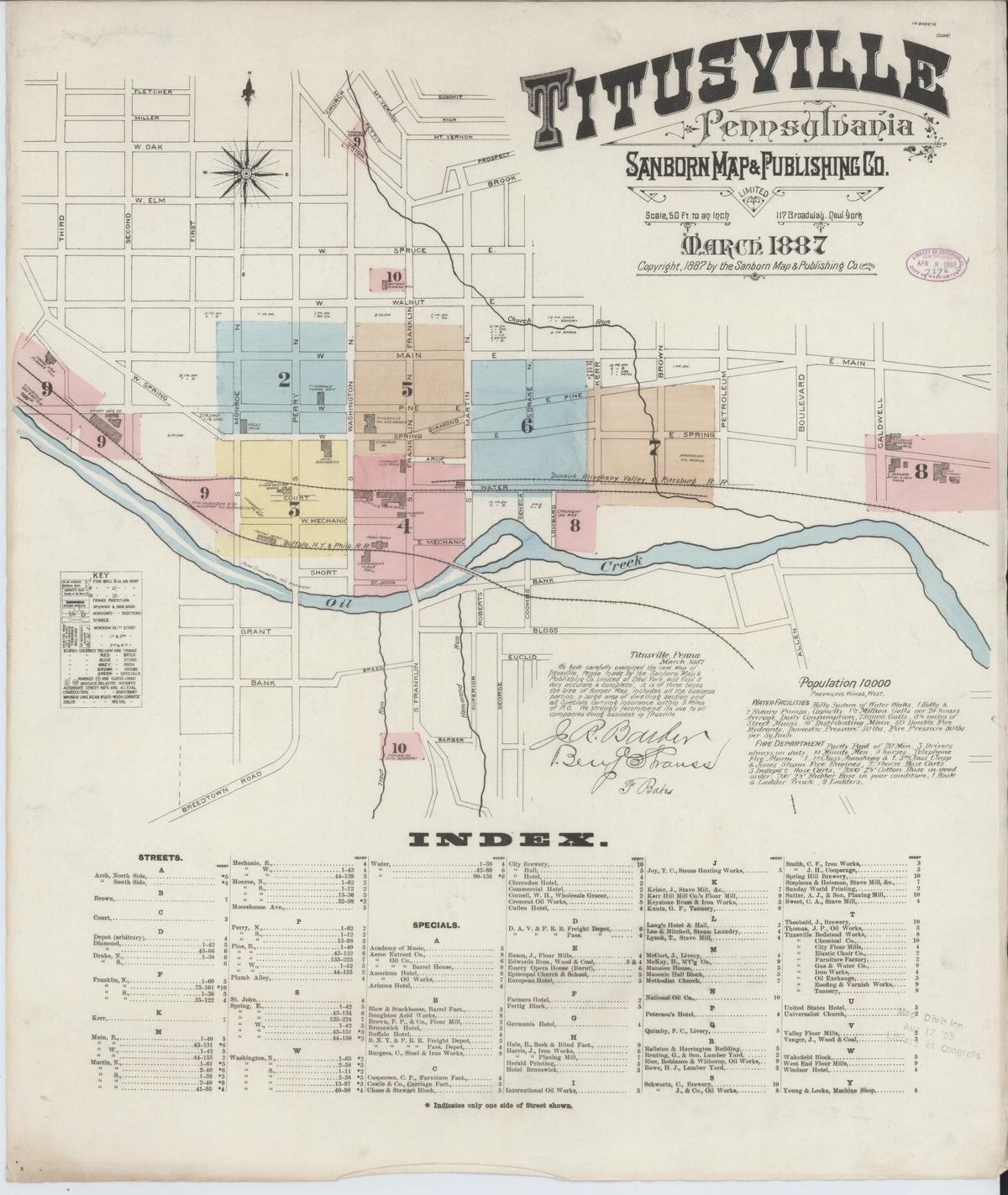 Sanborn Fire Insurance Map from Titusville, Crawford County, Pennsylvania (1887), Sheet #0001 - Historic Sanborn Fire Insurance Map Print, vintage old map wall art, antique decor, genealogy gift, Pennsylvania Pennsylvania map