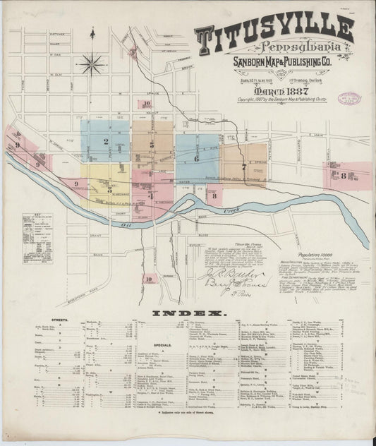 Sanborn Fire Insurance Map from Titusville, Crawford County, Pennsylvania (1887), Sheet #0001 - Historic Sanborn Fire Insurance Map Print, vintage old map wall art, antique decor, genealogy gift, Pennsylvania Pennsylvania map