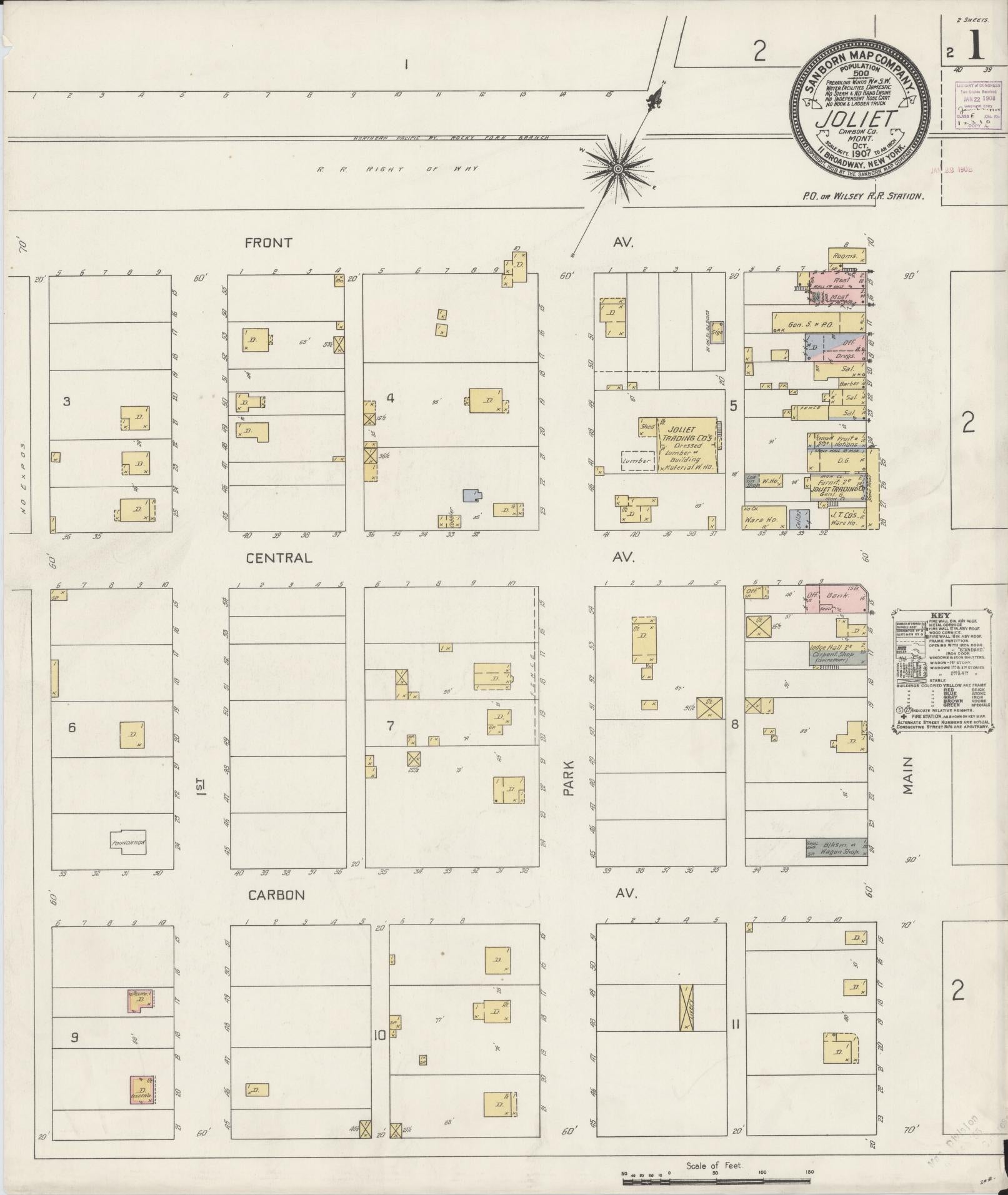 Sanborn Fire Insurance Map from Joliet, Carbon County, Montana (1907), Sheet #0001 - Complete Map Set gallery image, historic Sanborn map, vintage wall art, Montana Montana