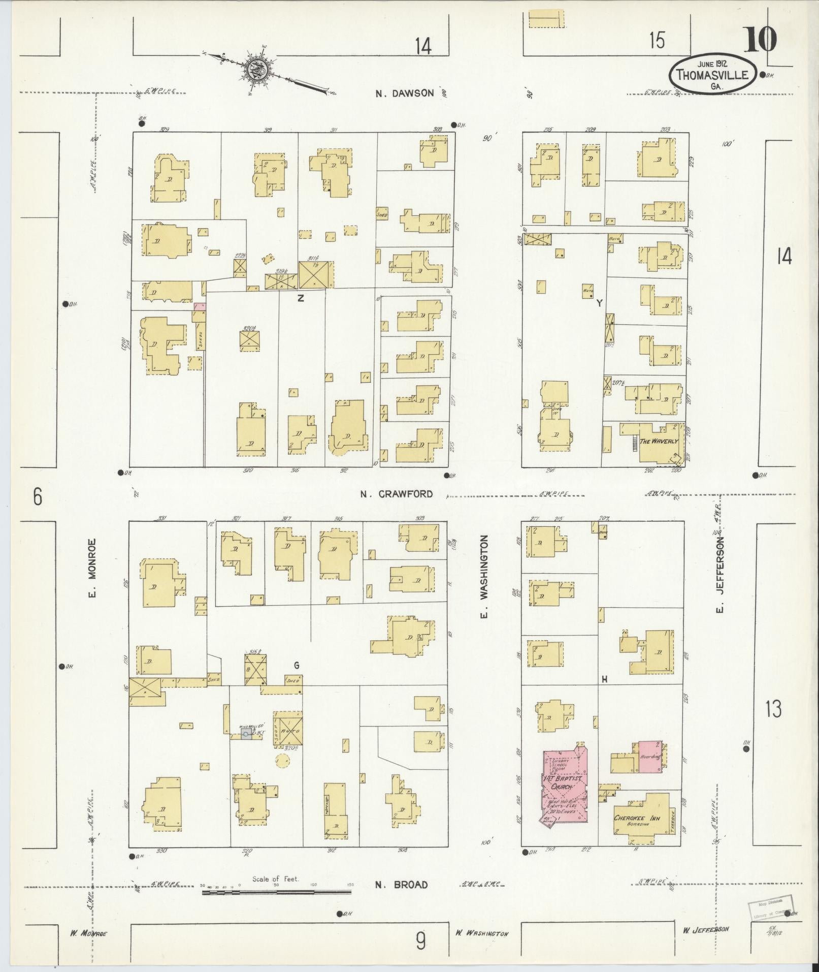 Sanborn Fire Insurance Map from Thomasville, Thomas County, Georgia (1912), Sheet #0010 - Historic Sanborn Fire Insurance Map Print, vintage old map wall art, antique decor, genealogy gift, Georgia Georgia map