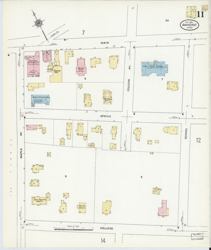 Sanborn Fire Insurance Map from Amherst, Hampshire County, Massachusetts (1910), Sheet #0011 - Historic Sanborn Fire Insurance Map Print, vintage old map wall art, antique decor, genealogy gift, Massachusetts Massachusetts map