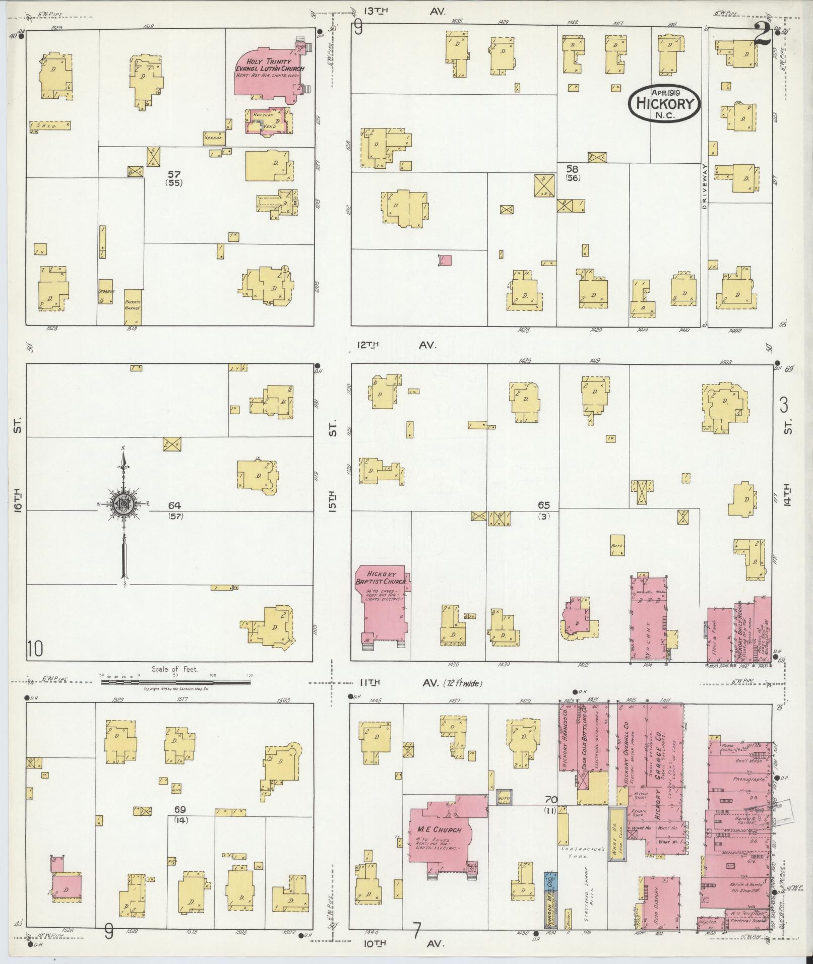 Sanborn Fire Insurance Map from Hickory, Catawba County, North Carolina (1919), Sheet #0002 - Complete Map Set gallery image, historic Sanborn map, vintage wall art, North Carolina North Carolina