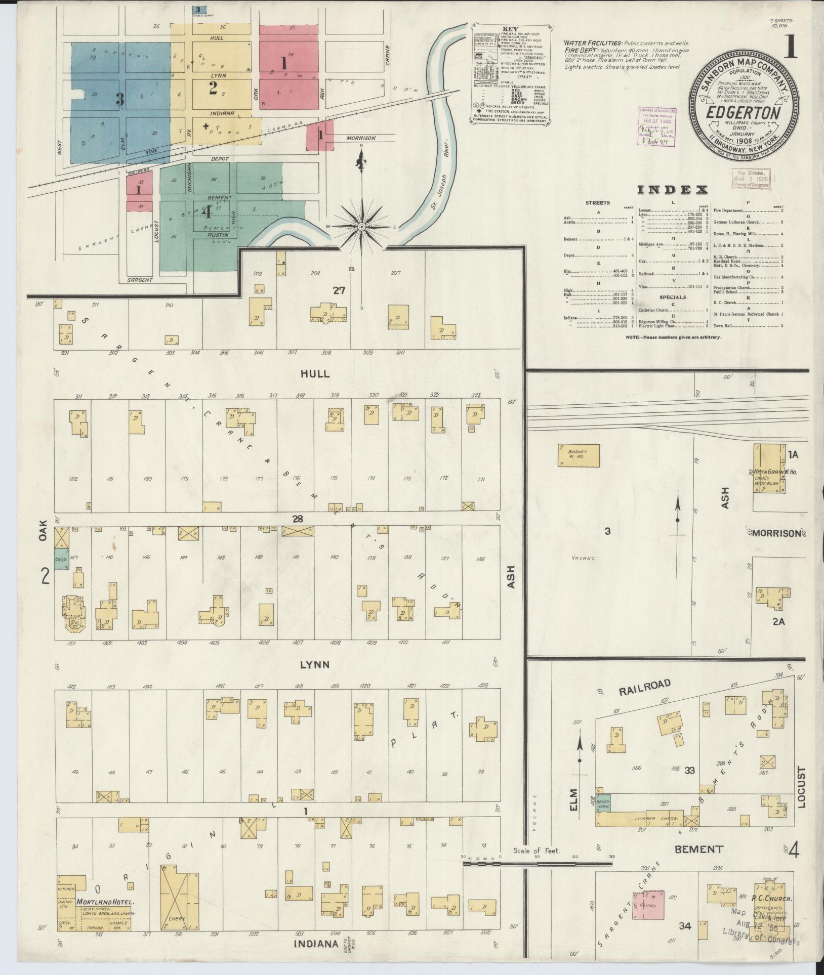 Sanborn Fire Insurance Map from Edgerton, Williams County, Ohio (1908), Sheet #0001 - Historic Sanborn Fire Insurance Map Print, vintage old map wall art, antique decor, genealogy gift, Ohio Ohio map