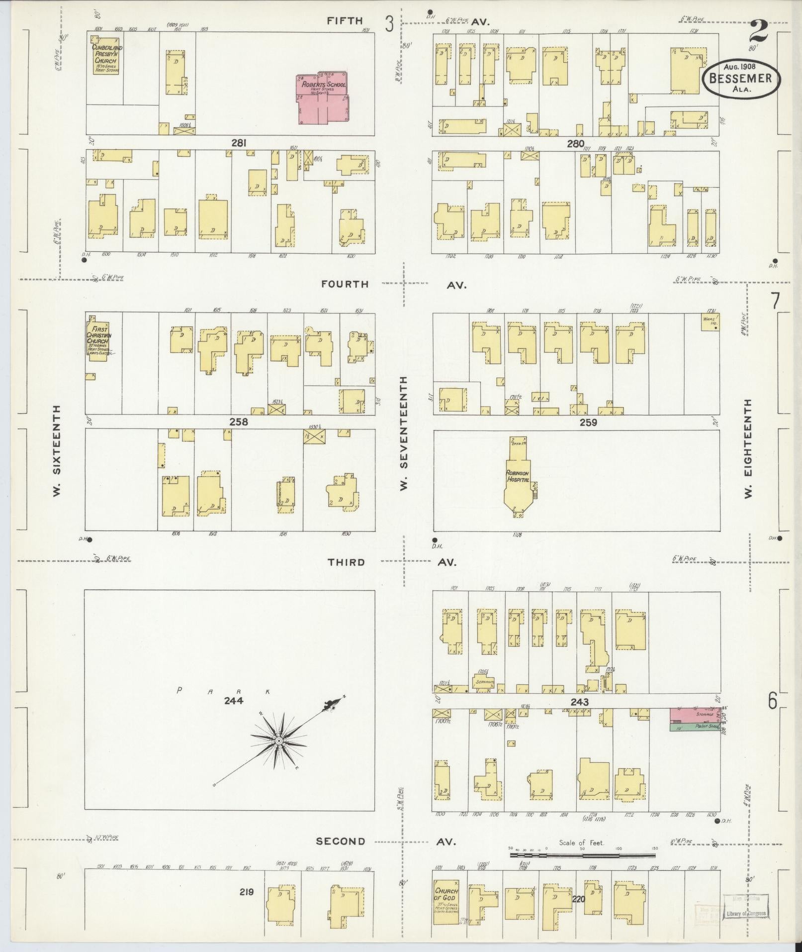 Sanborn Fire Insurance Map from Bessemer, Jefferson County, Alabama (1908), Sheet #0002 - Historic Sanborn Fire Insurance Map Print, vintage old map wall art, antique decor, genealogy gift, Alabama Alabama map