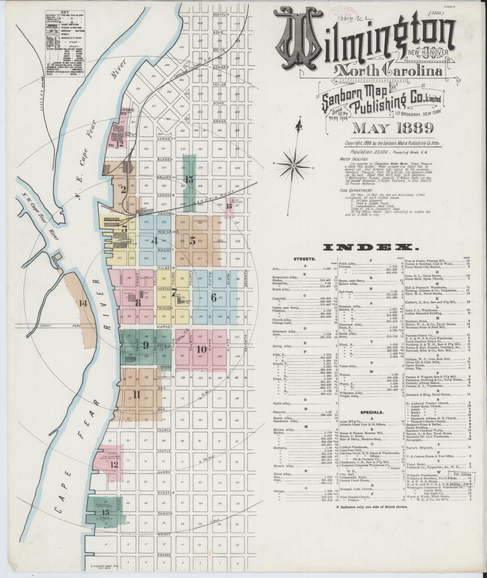 Sanborn Fire Insurance Map from Wilmington, New Hanover County, North Carolina (1889), Sheet #0001 - Complete Map Set gallery image, historic Sanborn map, vintage wall art, North Carolina North Carolina
