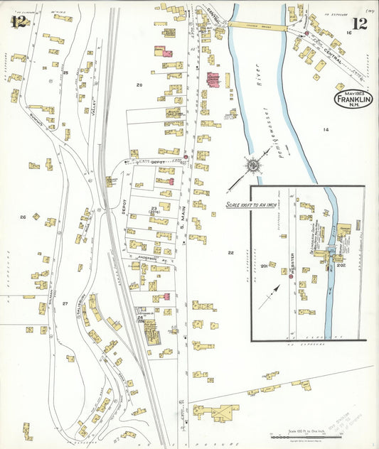 Sanborn Fire Insurance Map from Franklin, Merrimack County, New Hampshire (1923), Sheet #0012 - Historic Sanborn Fire Insurance Map Print, vintage old map wall art, antique decor, genealogy gift, New Hampshire New Hampshire map