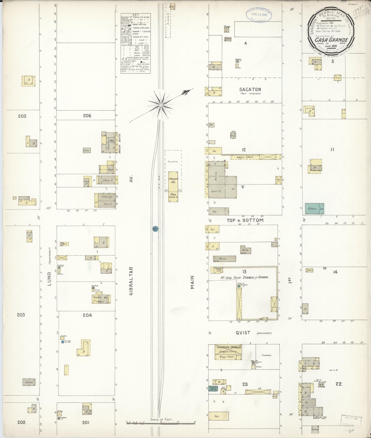 Sanborn Fire Insurance Map from Casa Grande, Pinal County, Arizona (1898), Sheet #0001 - Historic Sanborn Fire Insurance Map Print, vintage old map wall art, antique decor, genealogy gift, Arizona Arizona map