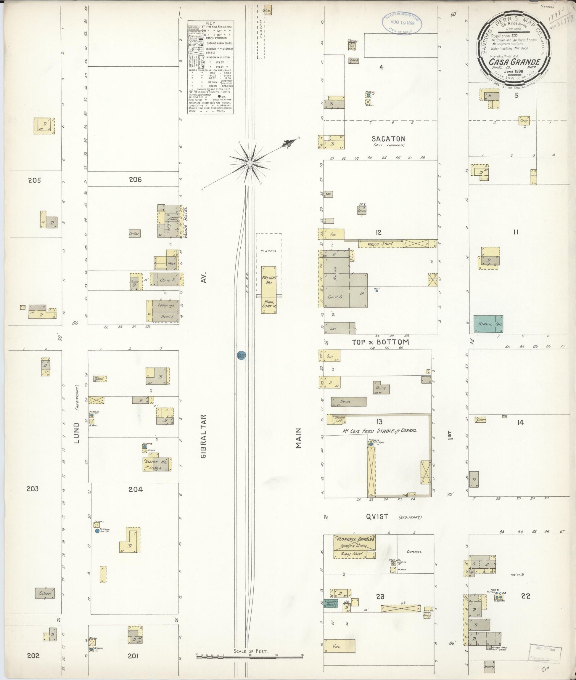 Sanborn Fire Insurance Map from Casa Grande, Pinal County, Arizona (1898), Sheet #0001 - Historic Sanborn Fire Insurance Map Print, vintage old map wall art, antique decor, genealogy gift, Arizona Arizona map