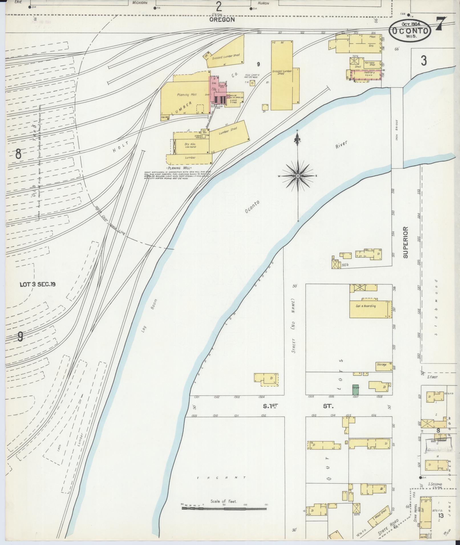 Sanborn Fire Insurance Map from Oconto, Oconto County, Wisconsin (1904), Sheet #0007 - Historic Sanborn Fire Insurance Map Print, vintage old map wall art, antique decor, genealogy gift, Wisconsin Wisconsin map