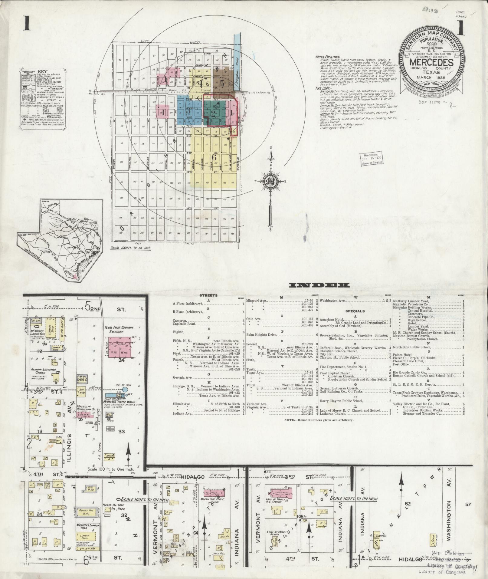 Sanborn Fire Insurance Map from Mercedes, Hidalgo County, Texas (1925), Sheet #0001 - Complete Map Set gallery image, historic Sanborn map, vintage wall art, Texas Texas