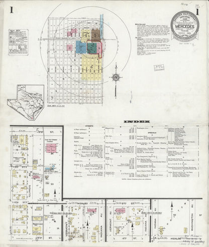Sanborn Fire Insurance Map from Mercedes, Hidalgo County, Texas (1925), Sheet #0001 - Complete Map Set gallery image, historic Sanborn map, vintage wall art, Texas Texas